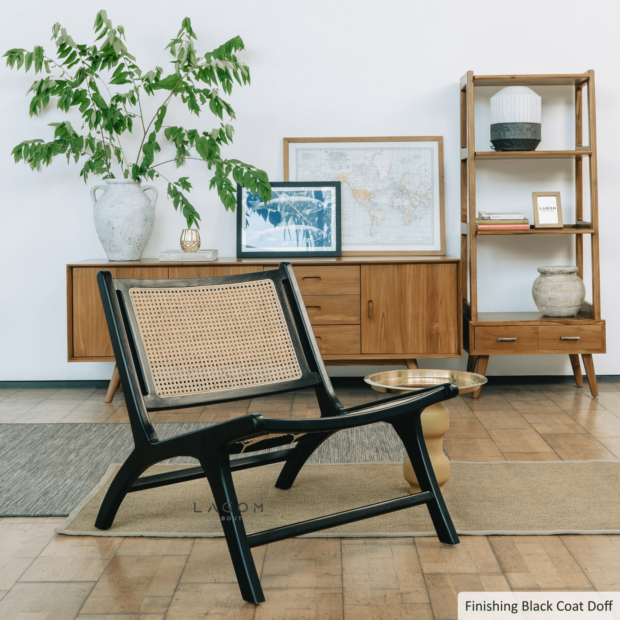 Sleek Black Lounge Chair in Teak and Rattan - Chair - Lagom Home Boutique