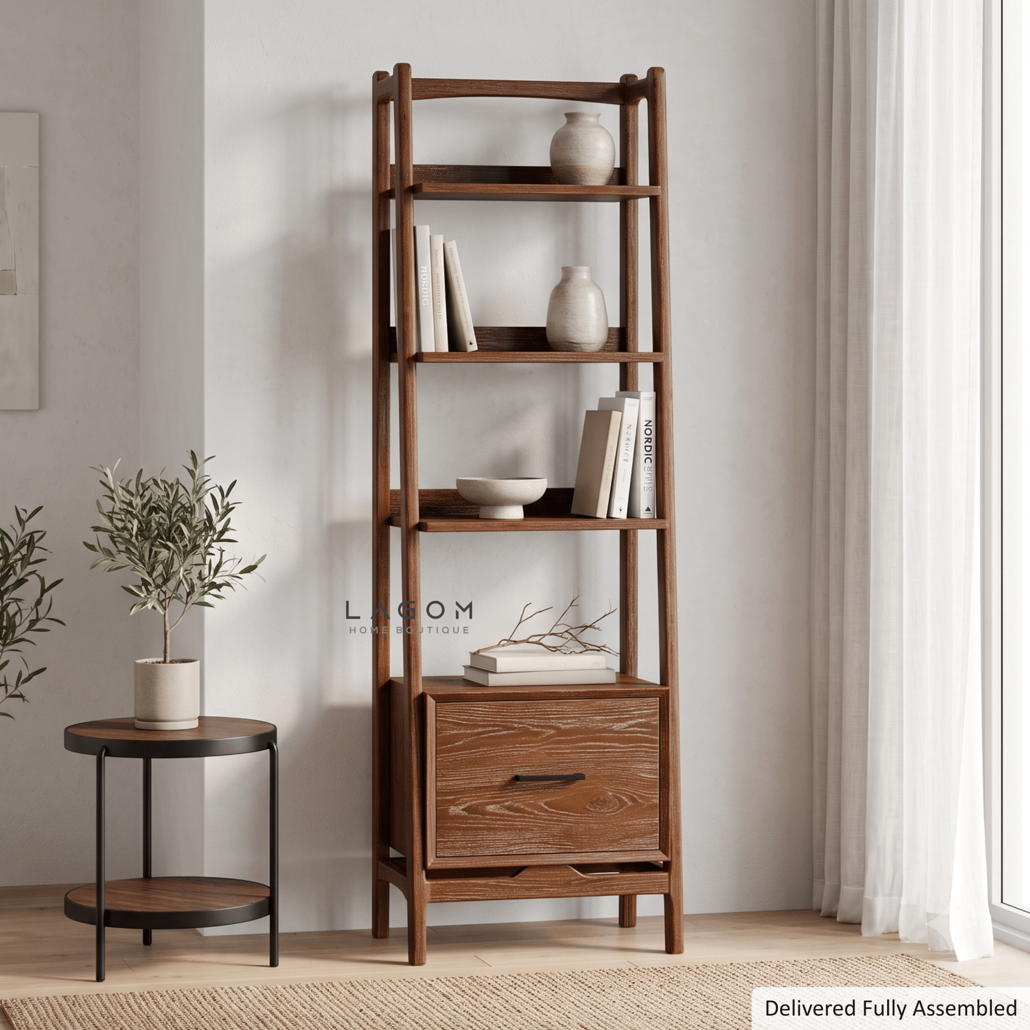 Solid Teak 3-Tier Bookshelf with Drawer-Bookshelves-Lagom Home Boutique