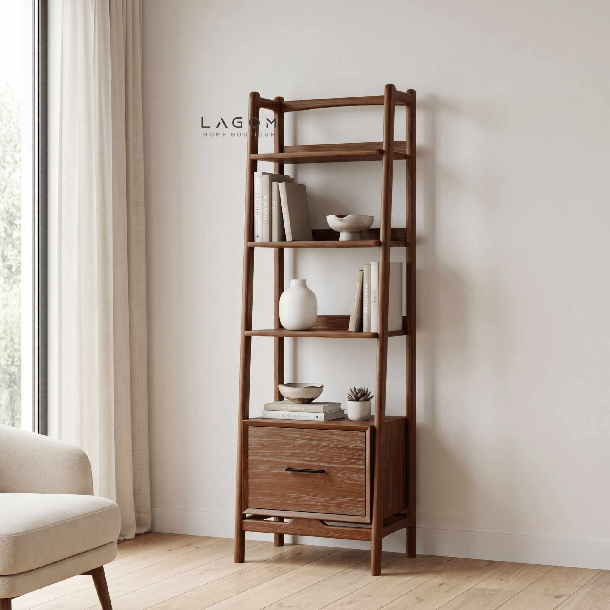 Solid Teak 3-Tier Bookshelf with Drawer-Bookshelves-Lagom Home Boutique