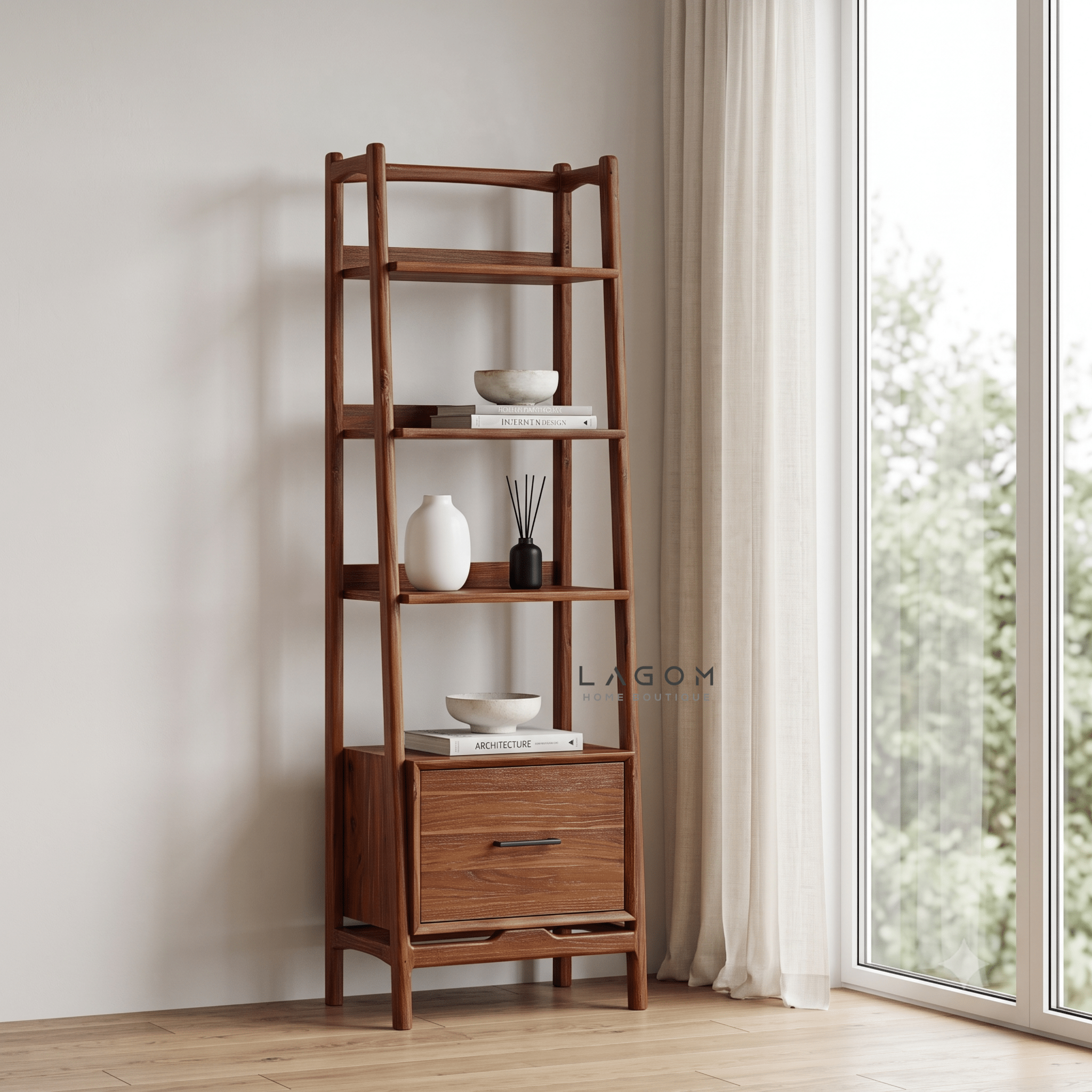 Solid Teak 3-Tier Bookshelf with Drawer-Bookshelves-Lagom Home Boutique
