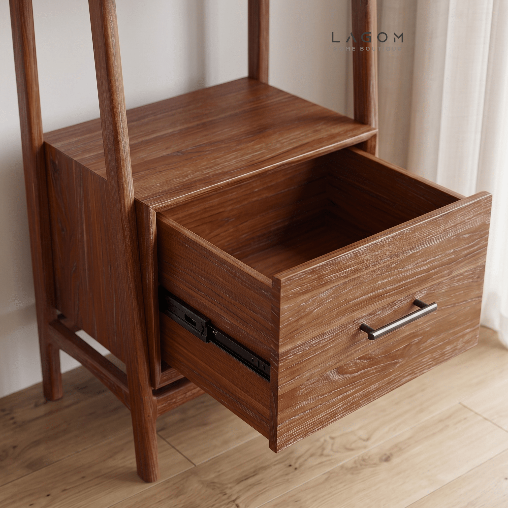 Solid Teak 3-Tier Bookshelf with Drawer-Bookshelves-Lagom Home Boutique