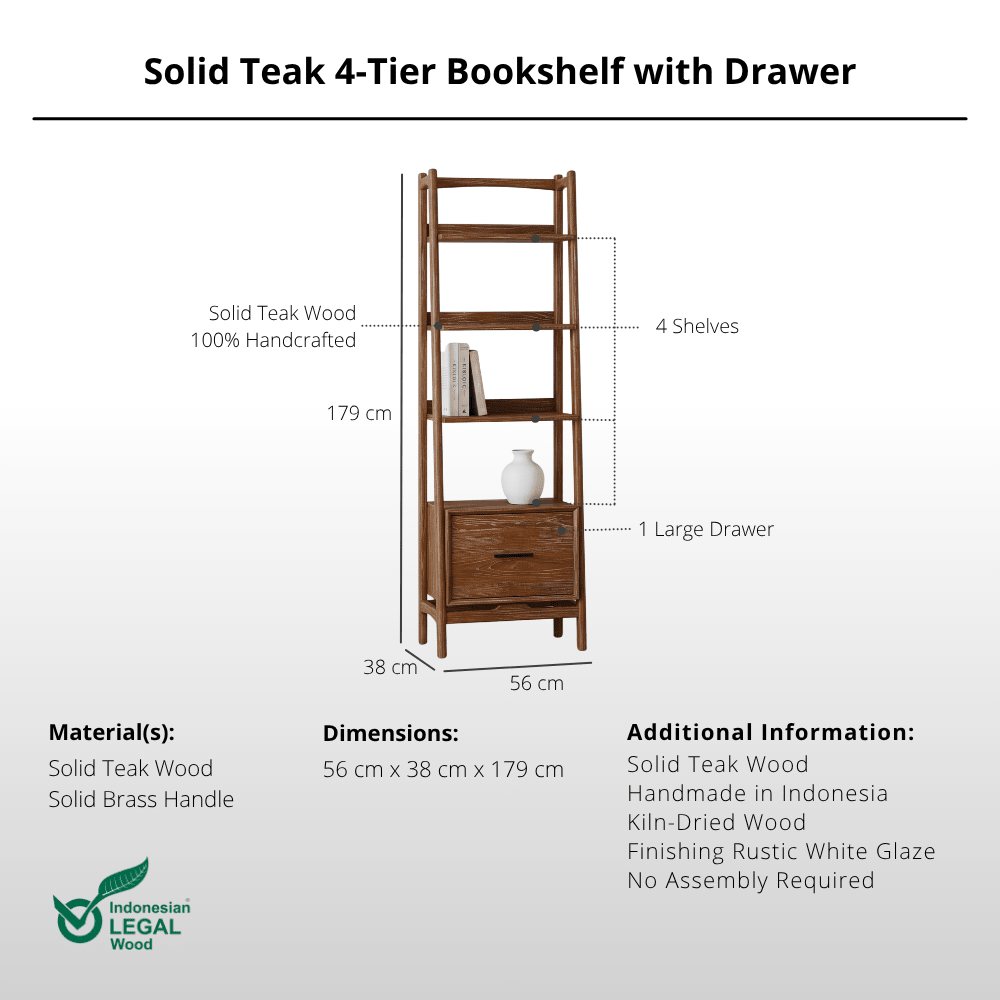 Solid Teak 4-Tier Bookshelf with Drawer-Bookshelves-Lagom Home Boutique
