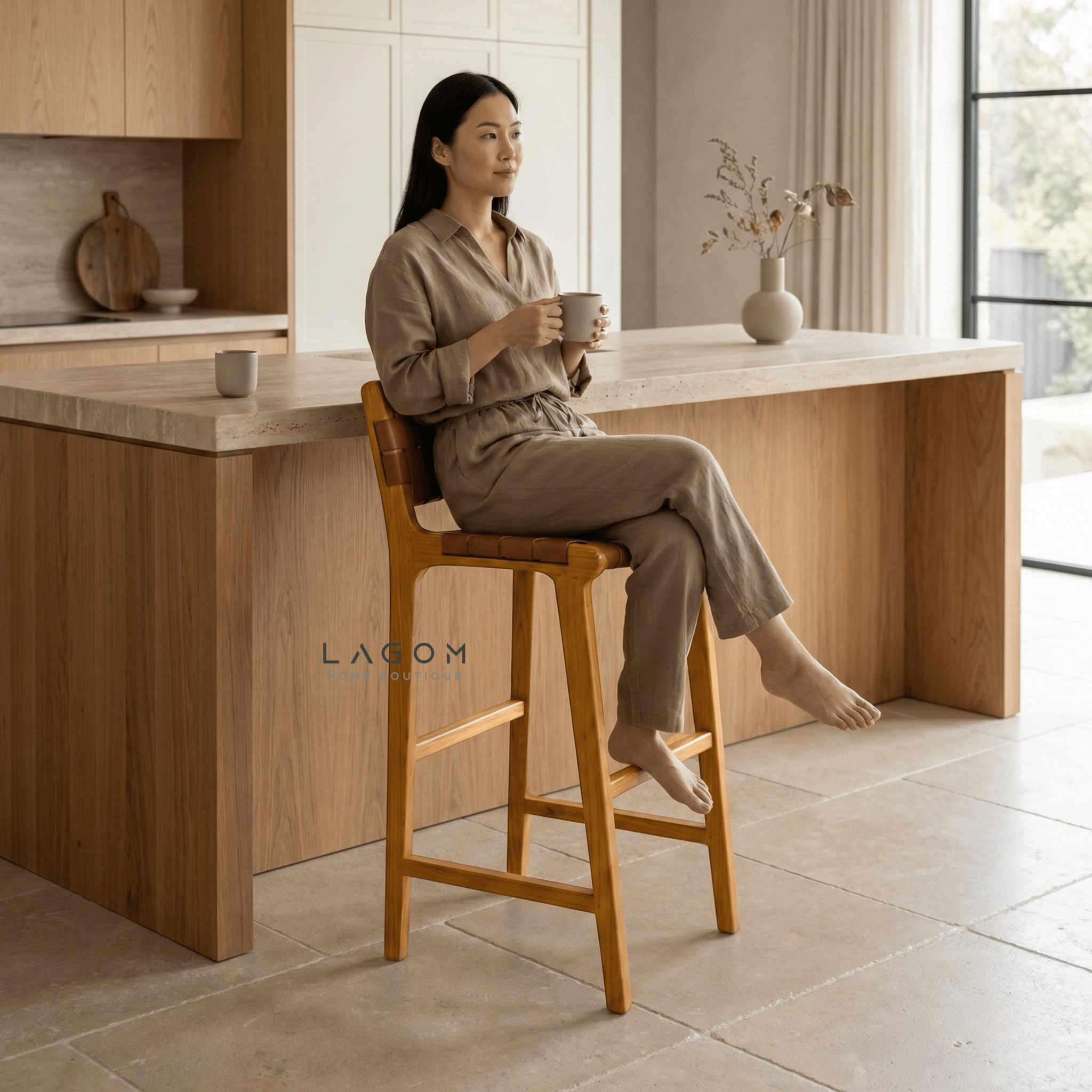 Solid Teak Bar Stool with Genuine Leather - Bar Stool - Lagom Home Boutique