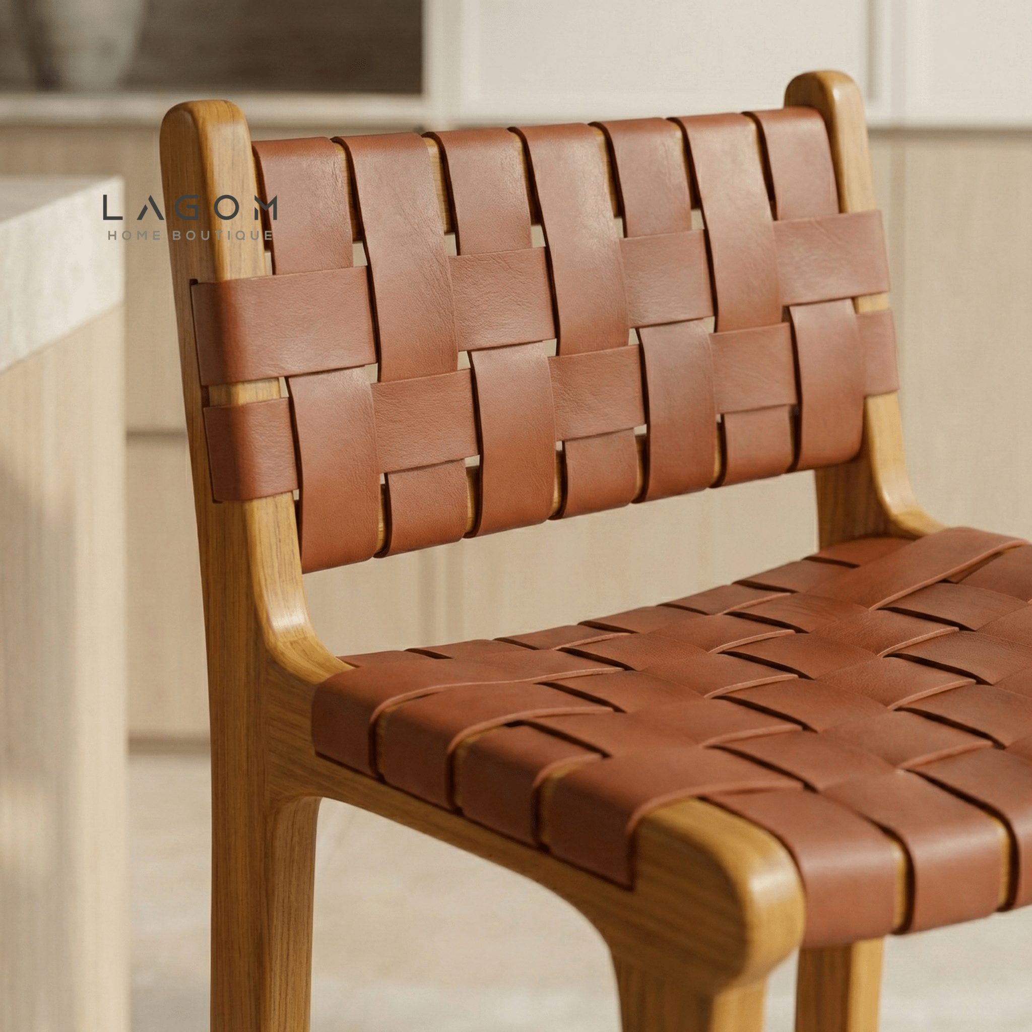 Solid Teak Bar Stool with Genuine Leather - Bar Stool - Lagom Home Boutique