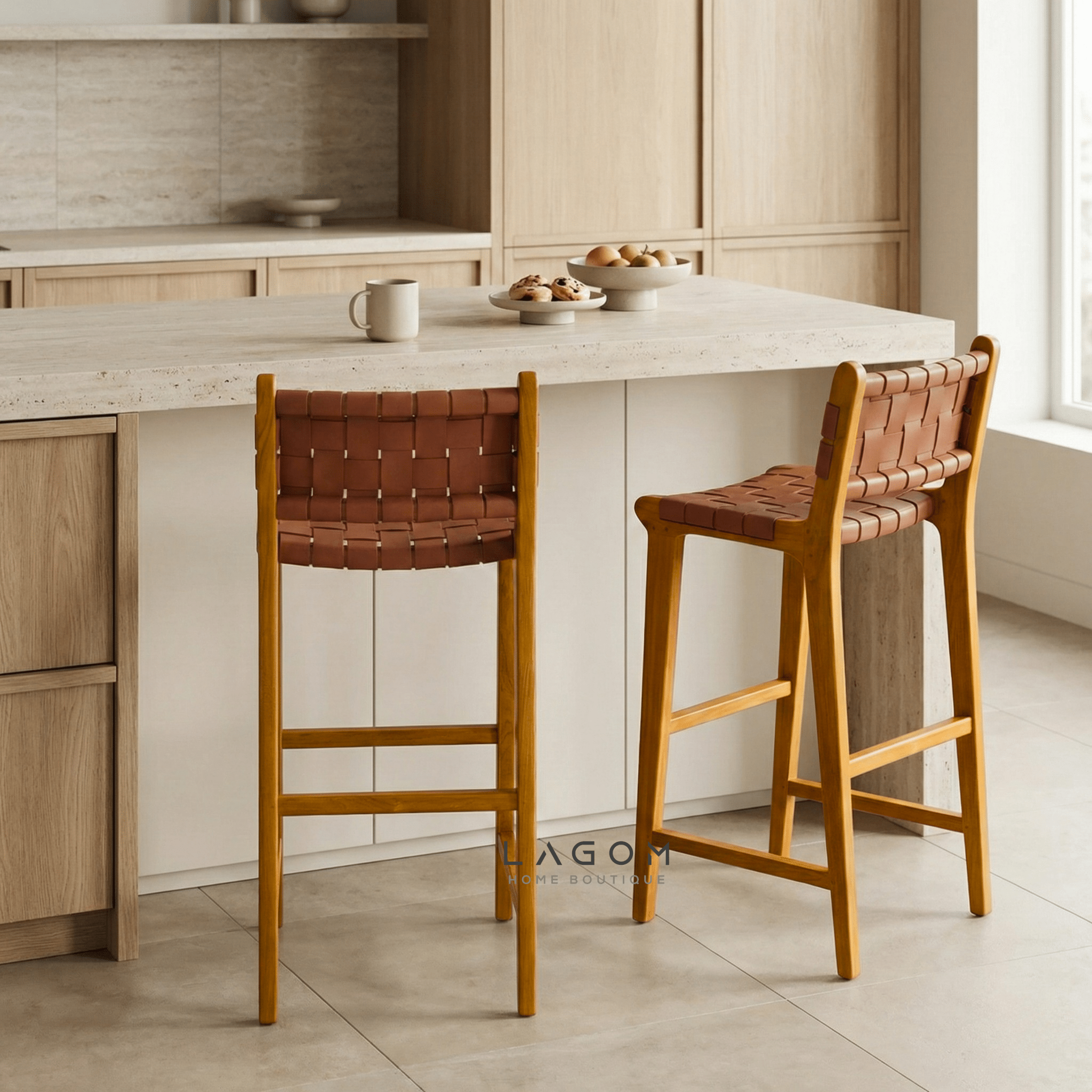 Solid Teak Bar Stool with Genuine Leather - Bar Stool - Lagom Home Boutique