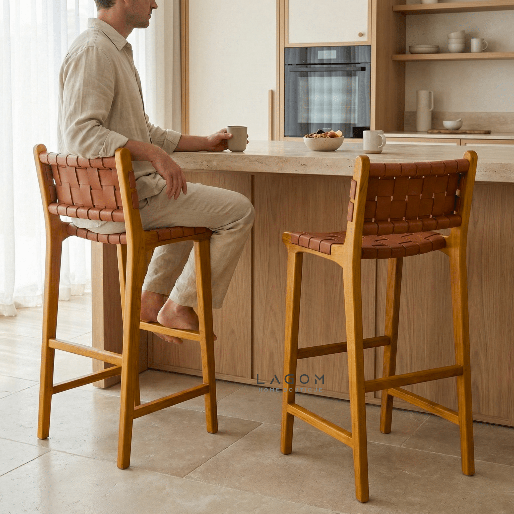 Solid Teak Bar Stool with Genuine Leather - Bar Stool - Lagom Home Boutique