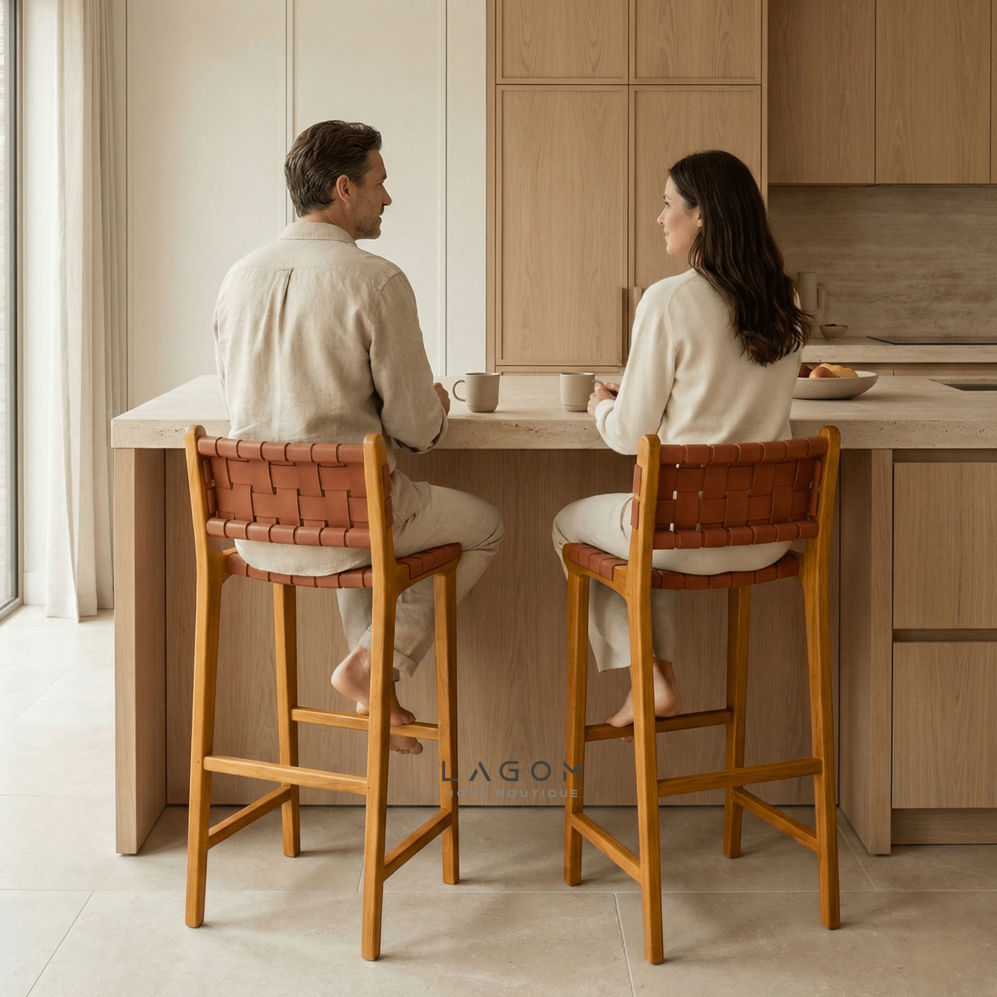 Solid Teak Bar Stool with Genuine Leather - Bar Stool - Lagom Home Boutique