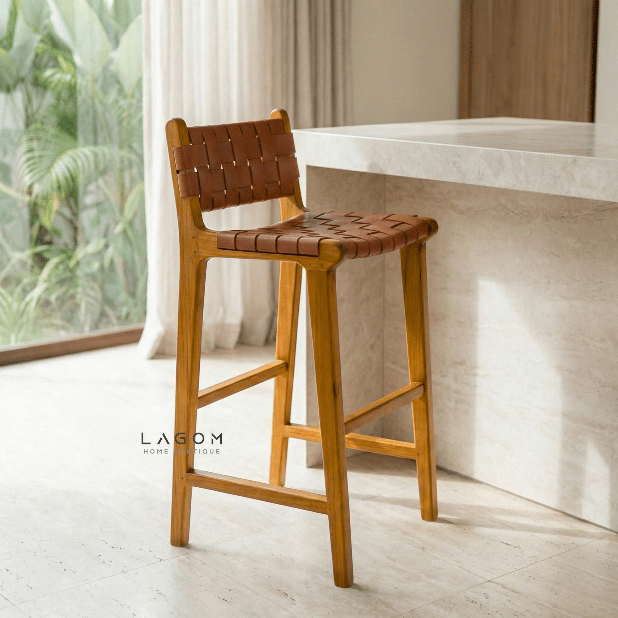 Solid Teak Bar Stool with Genuine Leather - Bar Stool - Lagom Home Boutique