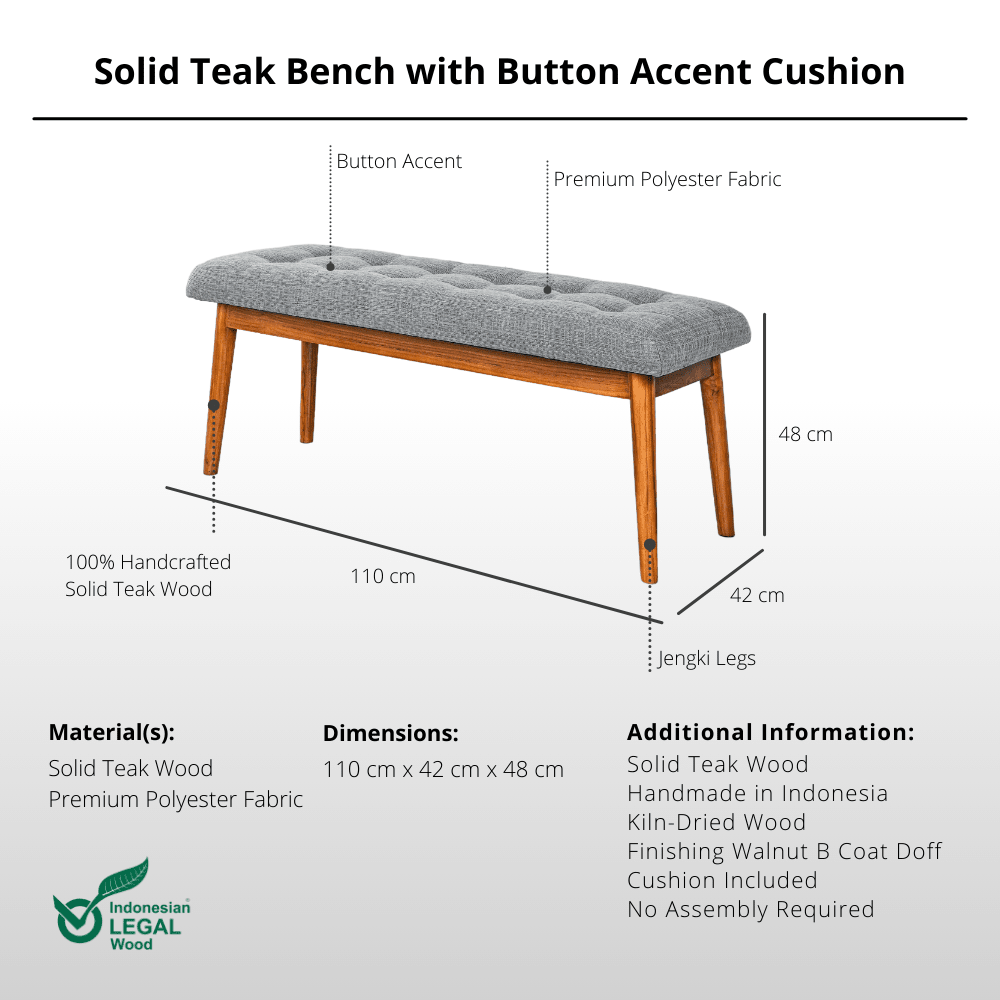 Solid Teak Bench with Button Accent Cushion - Bench - Lagom Home Boutique