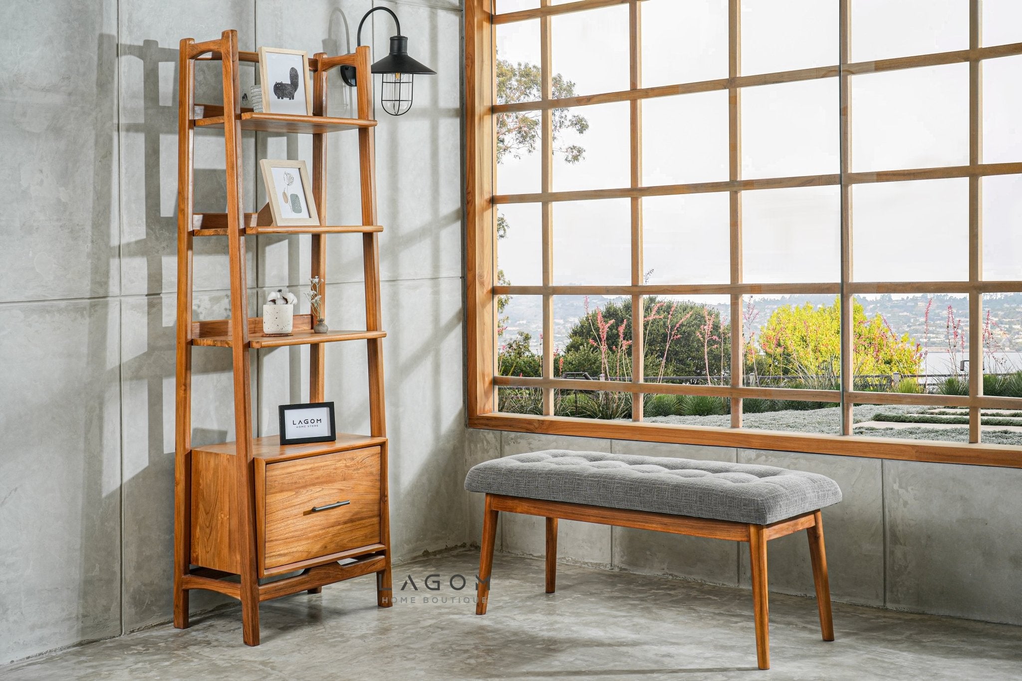 Solid Teak Bench with Button Accent Cushion - Bench - Lagom Home Boutique