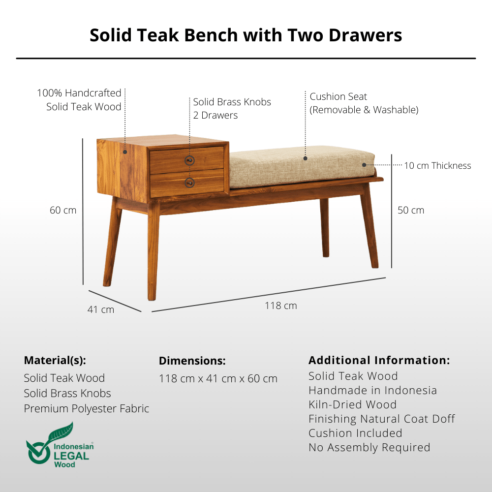 Solid Teak Bench with Two Drawers & Cushion - Bench - Lagom Home Boutique