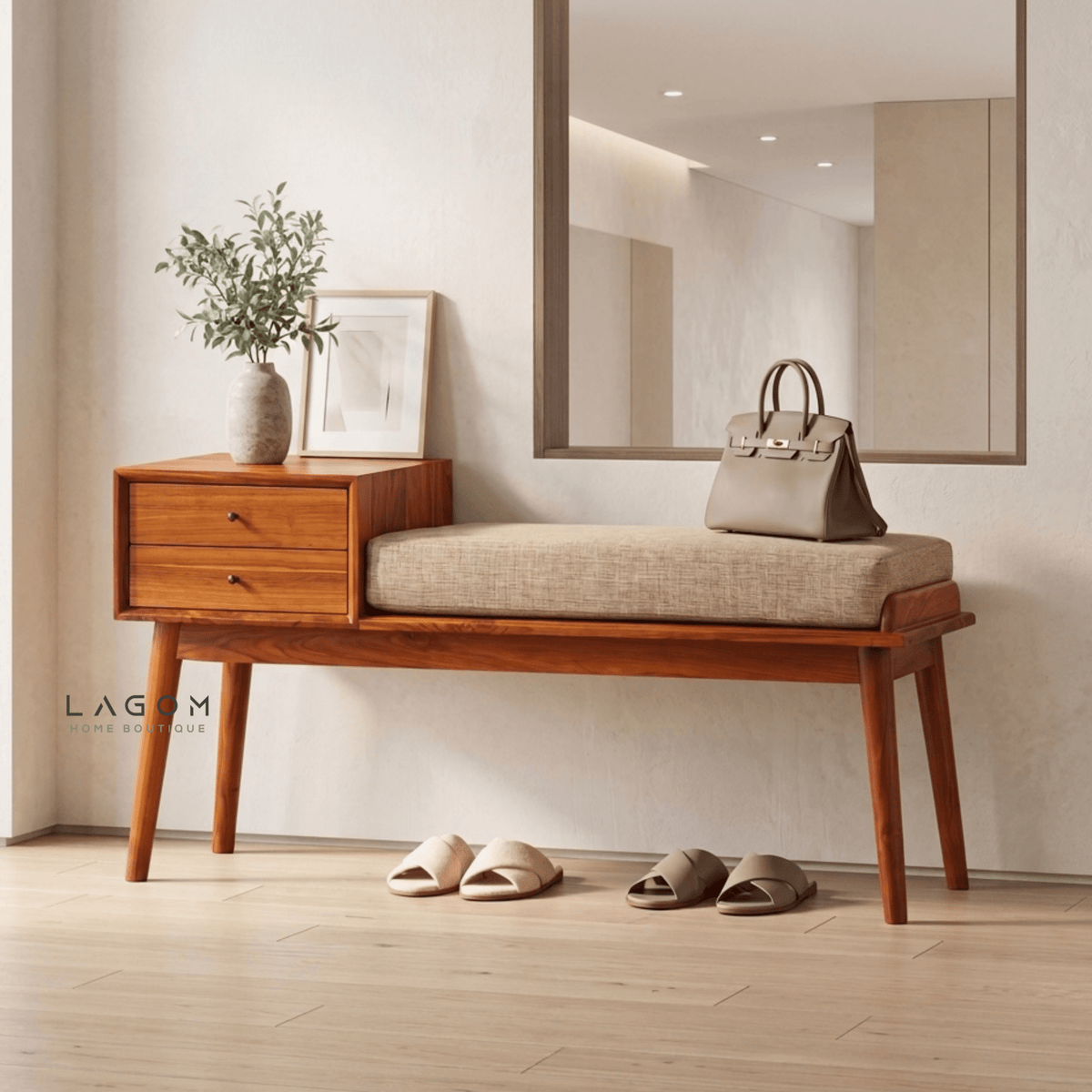 Solid Teak Bench with Two Drawers & Cushion-Bench-Lagom Home Boutique
