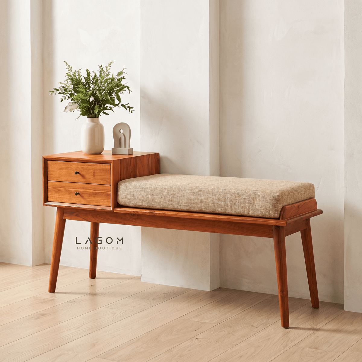 Solid Teak Bench with Two Drawers & Cushion-Bench-Lagom Home Boutique
