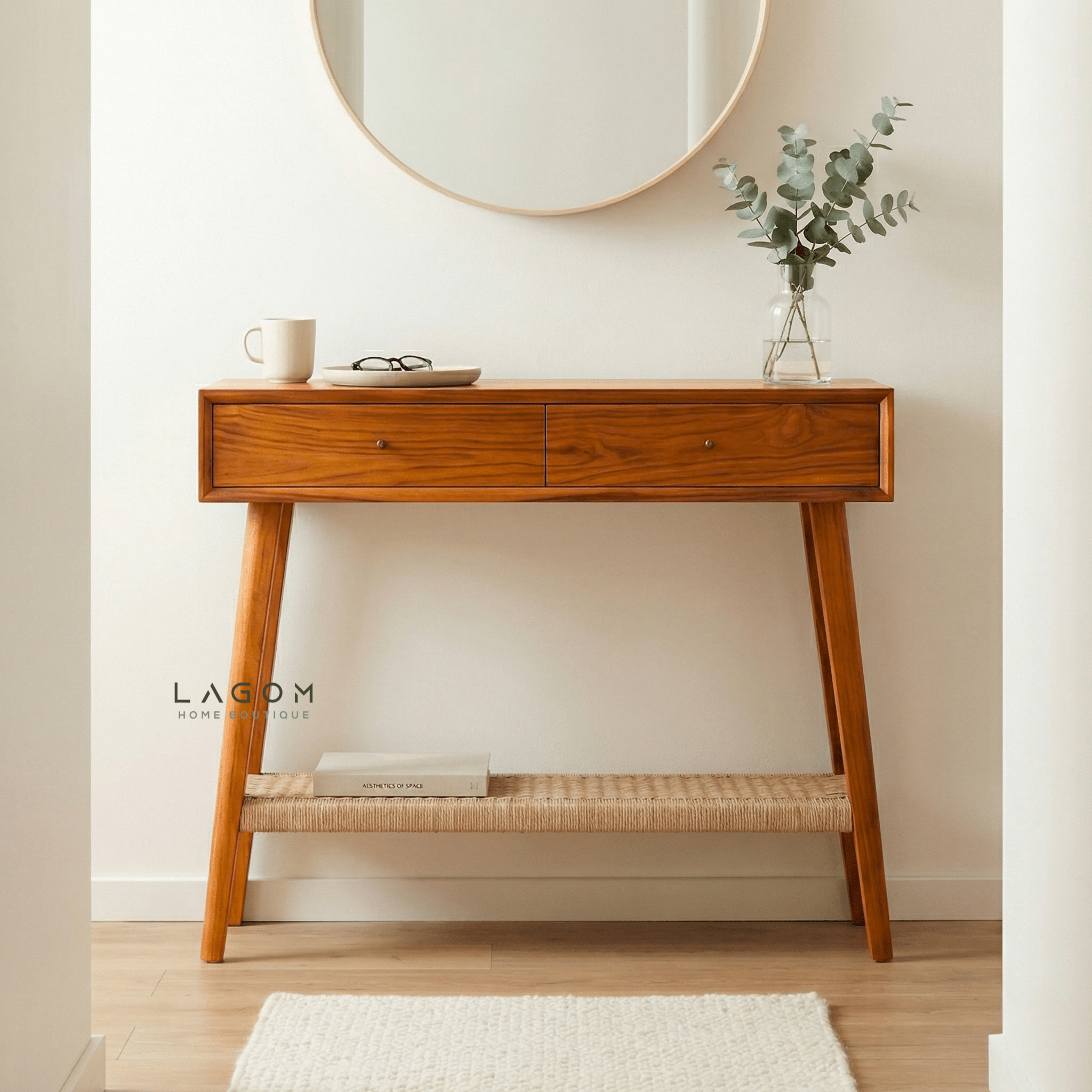 Solid Teak Console Table with Drawers & Loom Shelf - Console Table - Lagom Home Boutique