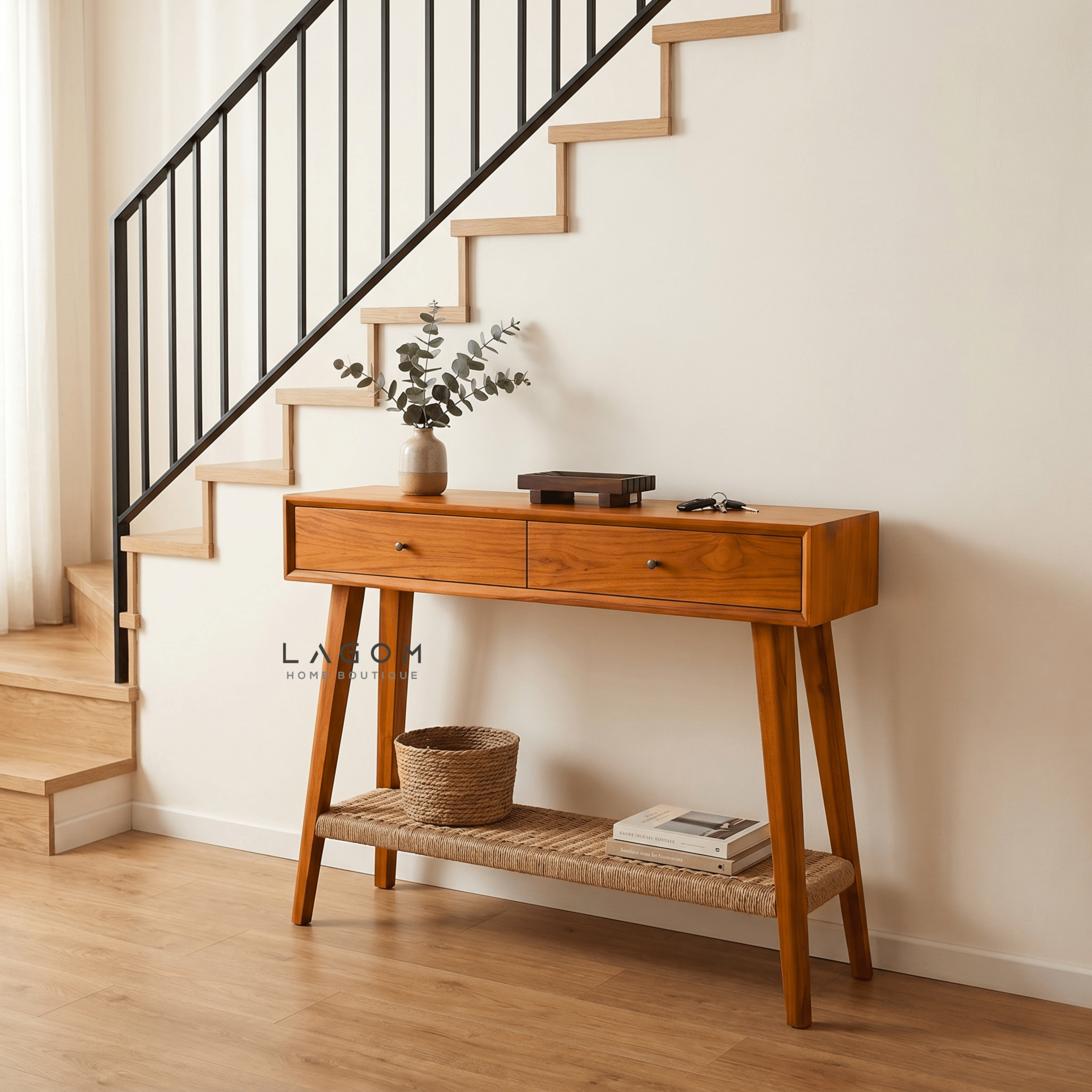 Solid Teak Console Table with Drawers & Loom Shelf - Console Table - Lagom Home Boutique