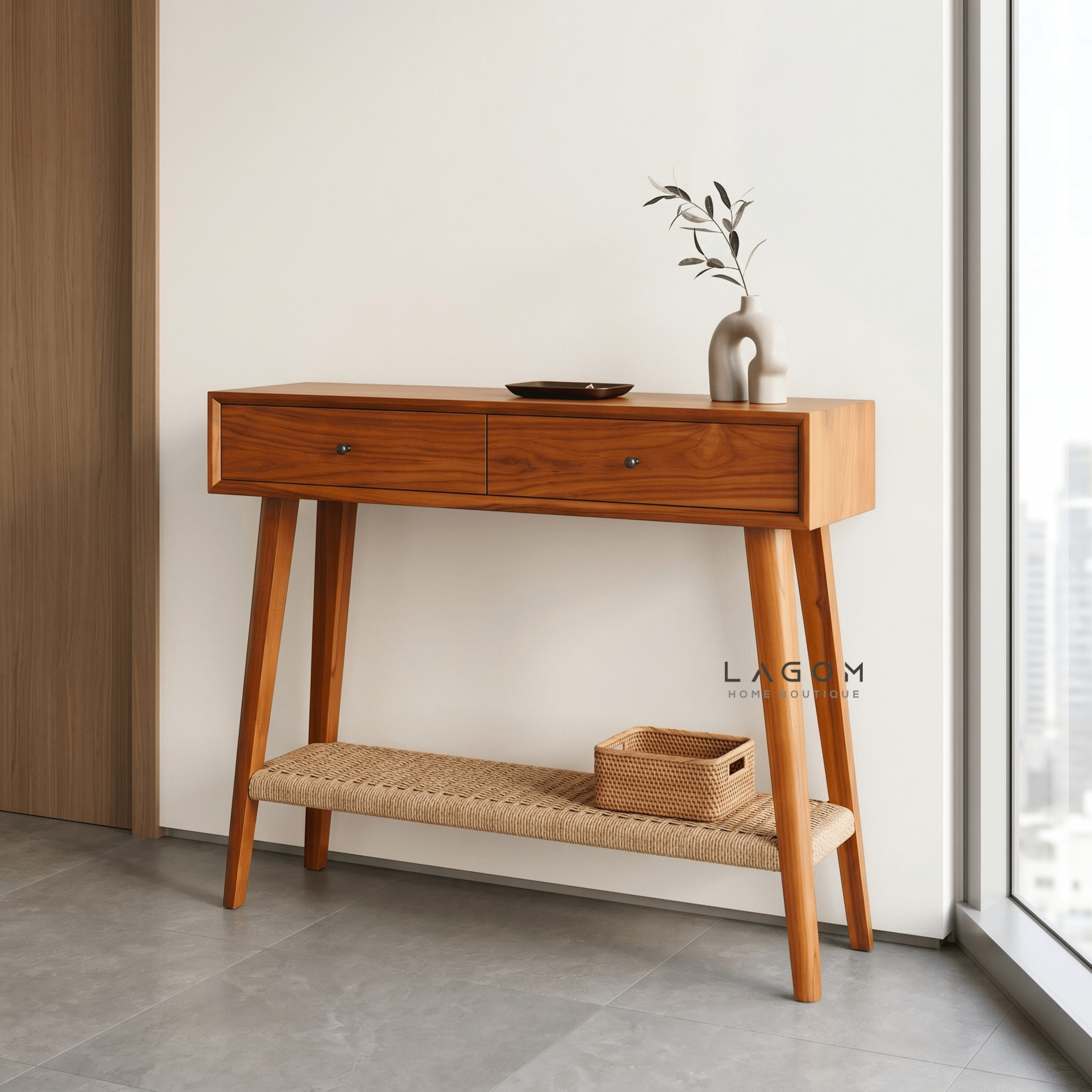 Solid Teak Console Table with Drawers & Loom Shelf - Console Table - Lagom Home Boutique