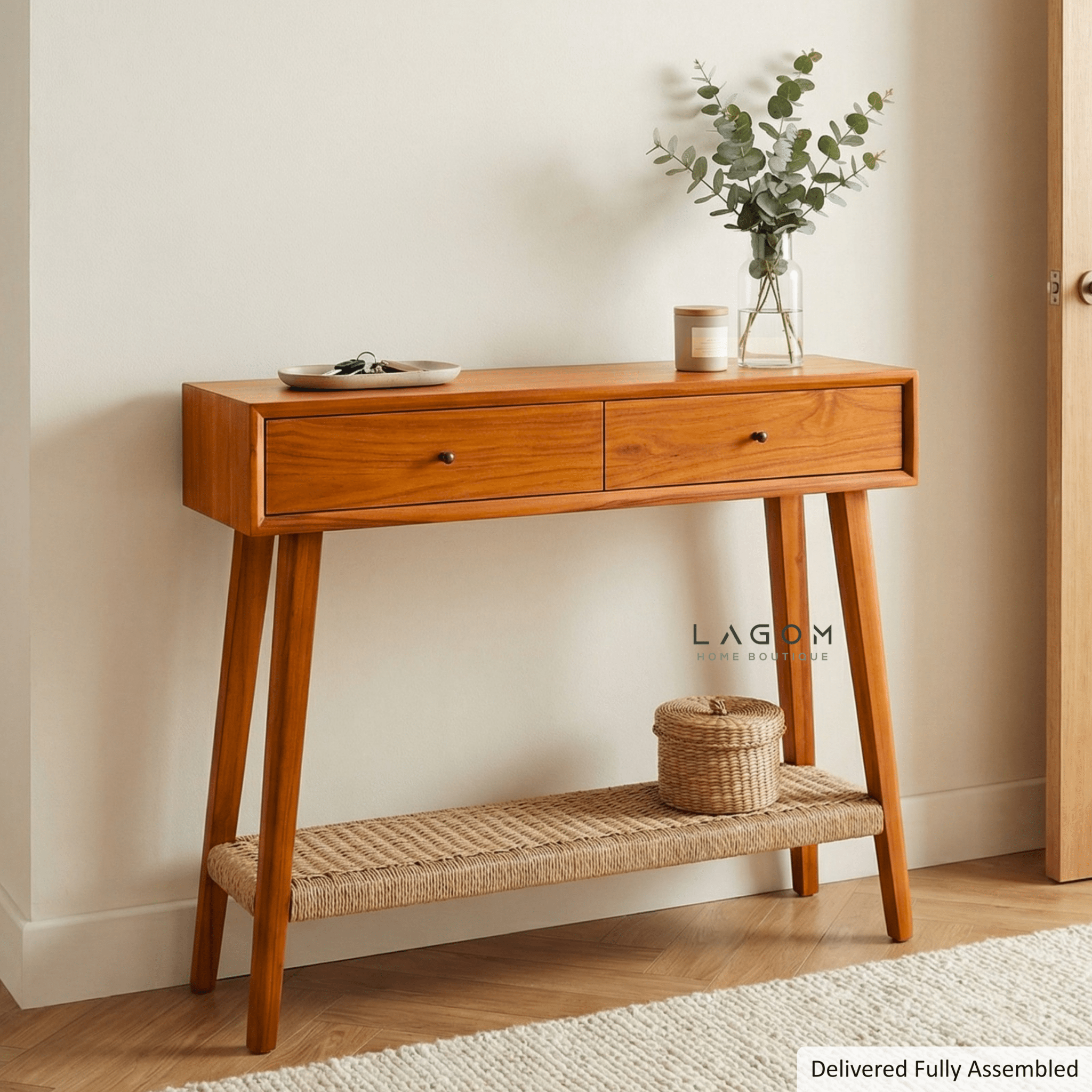Solid Teak Console Table with Drawers & Loom Shelf - Console Table - Lagom Home Boutique
