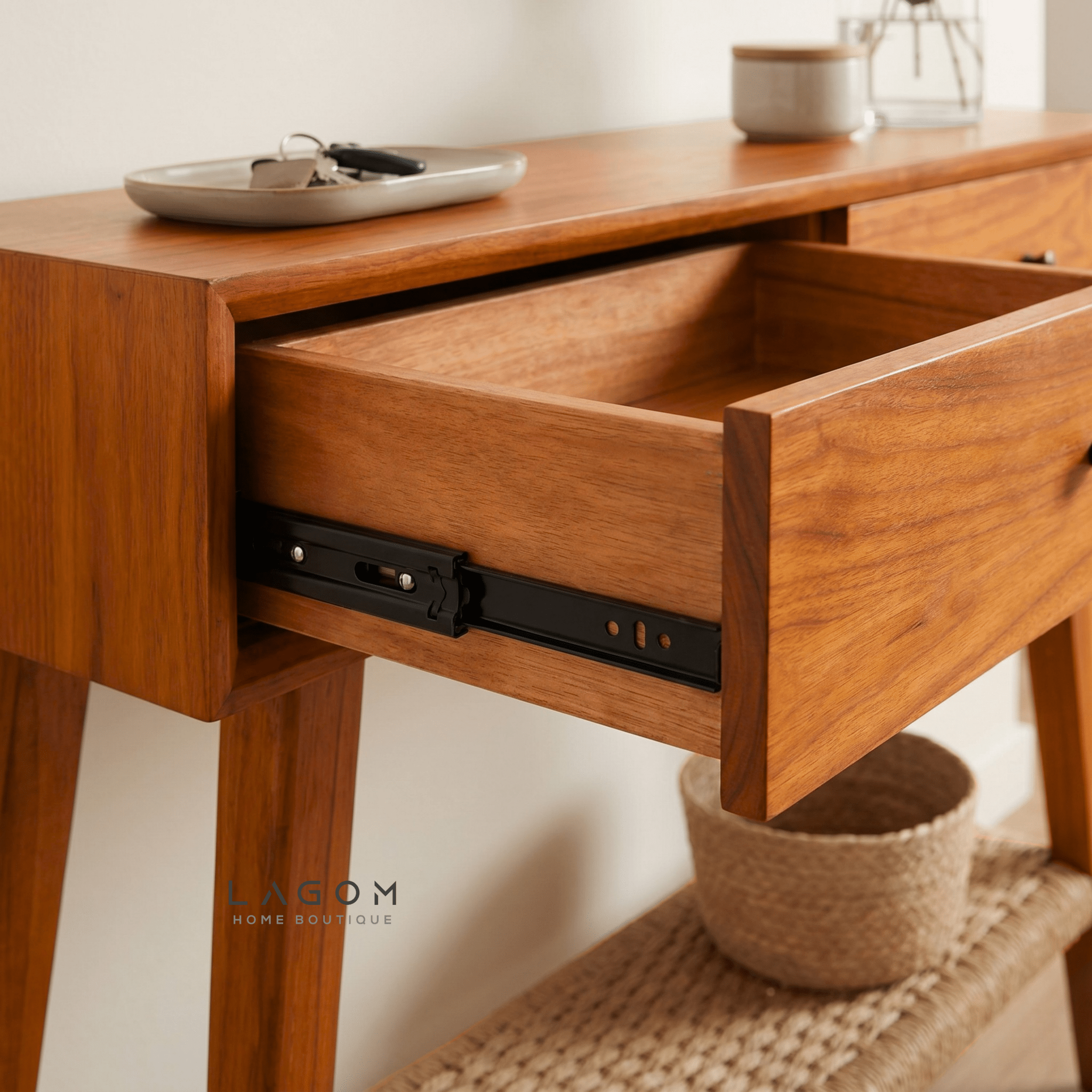 Solid Teak Console Table with Drawers & Loom Shelf - Console Table - Lagom Home Boutique