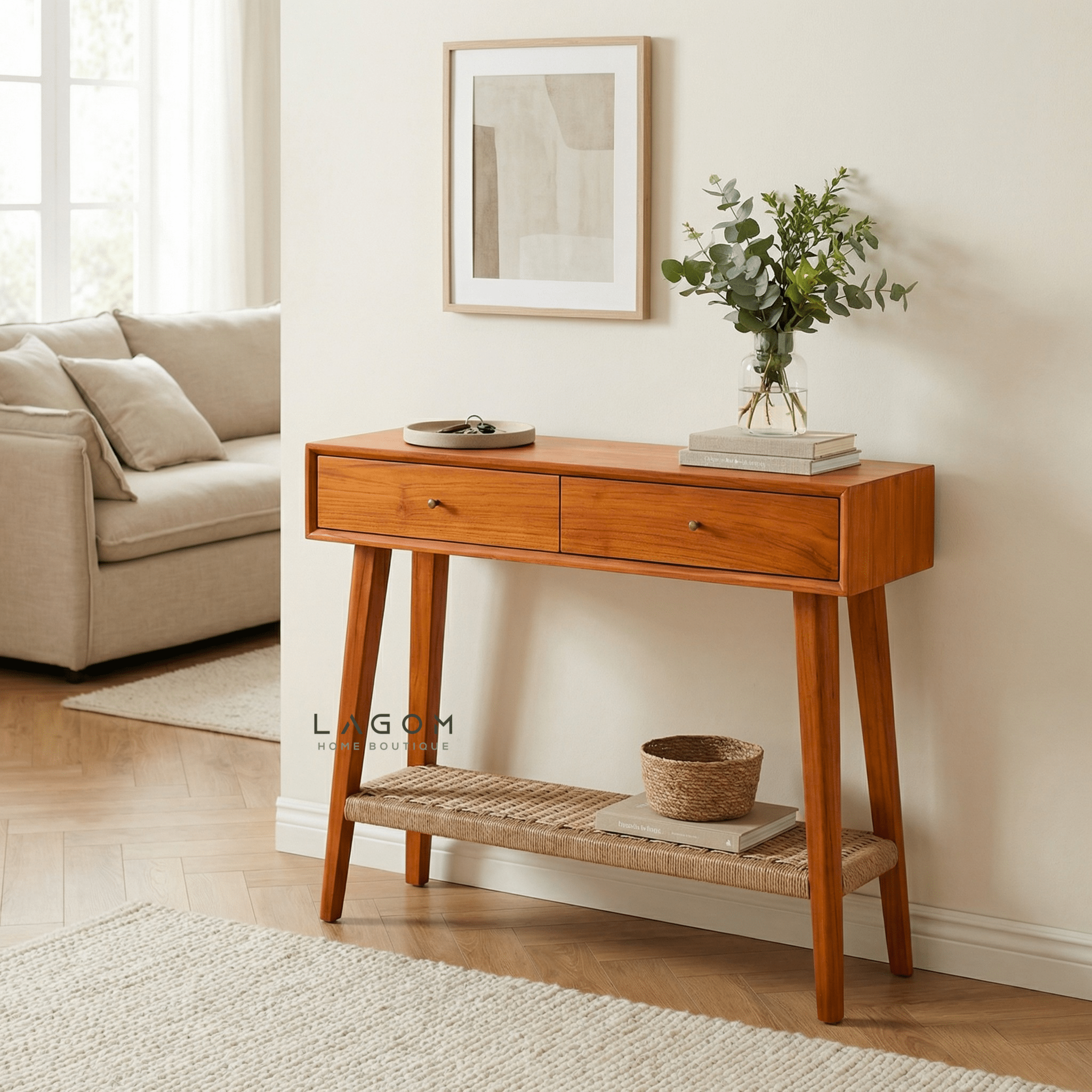 Solid Teak Console Table with Drawers & Loom Shelf - Console Table - Lagom Home Boutique