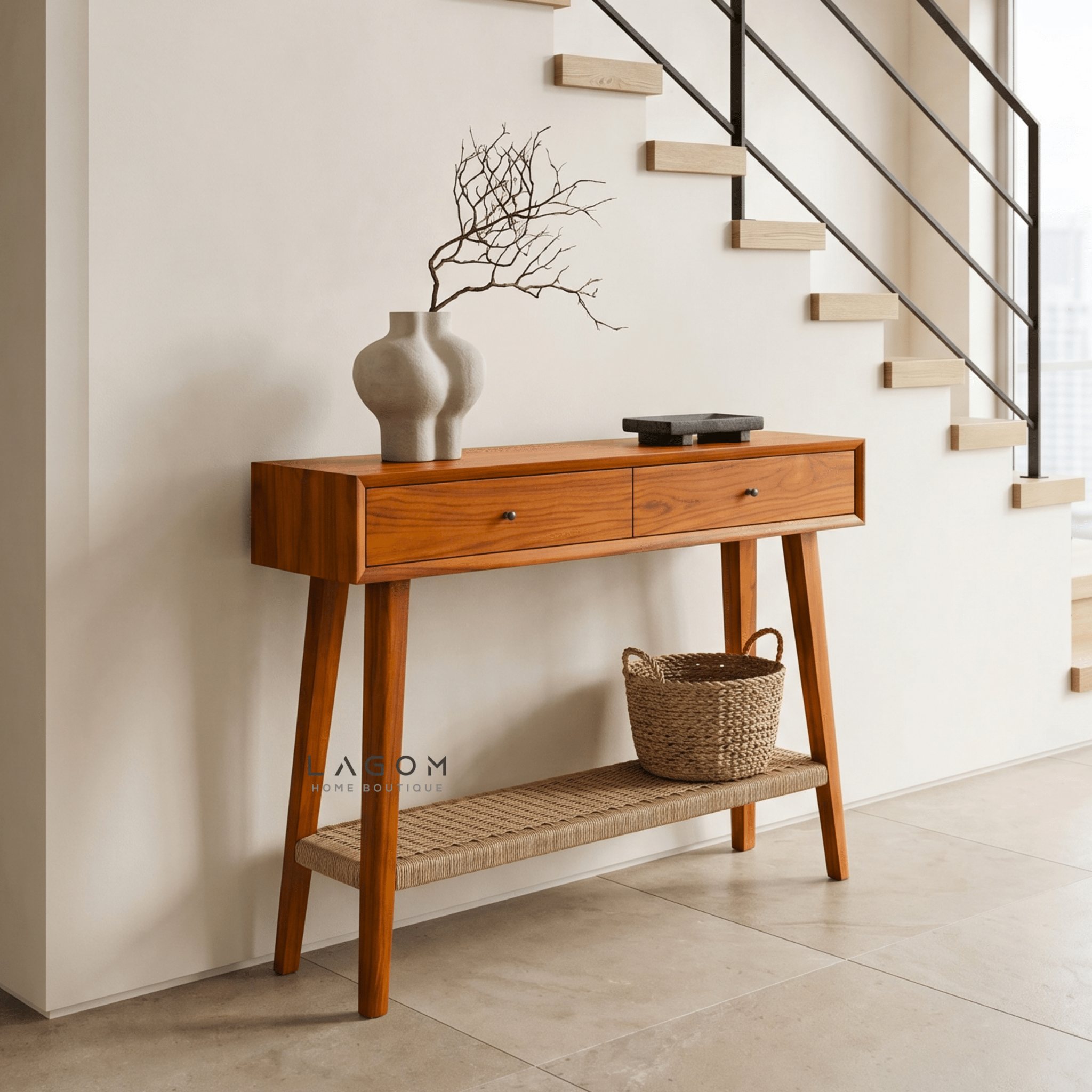 Solid Teak Console Table with Drawers & Loom Shelf - Console Table - Lagom Home Boutique