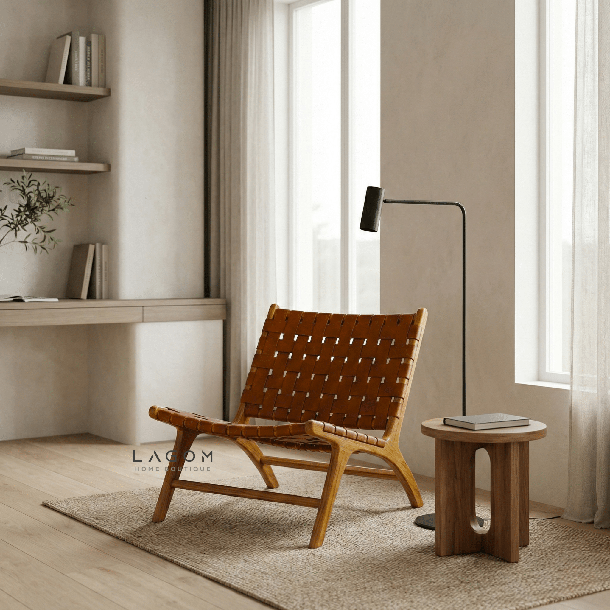 Solid Teak Lounge Chair with Handwoven Leather - Chair - Lagom Home Boutique