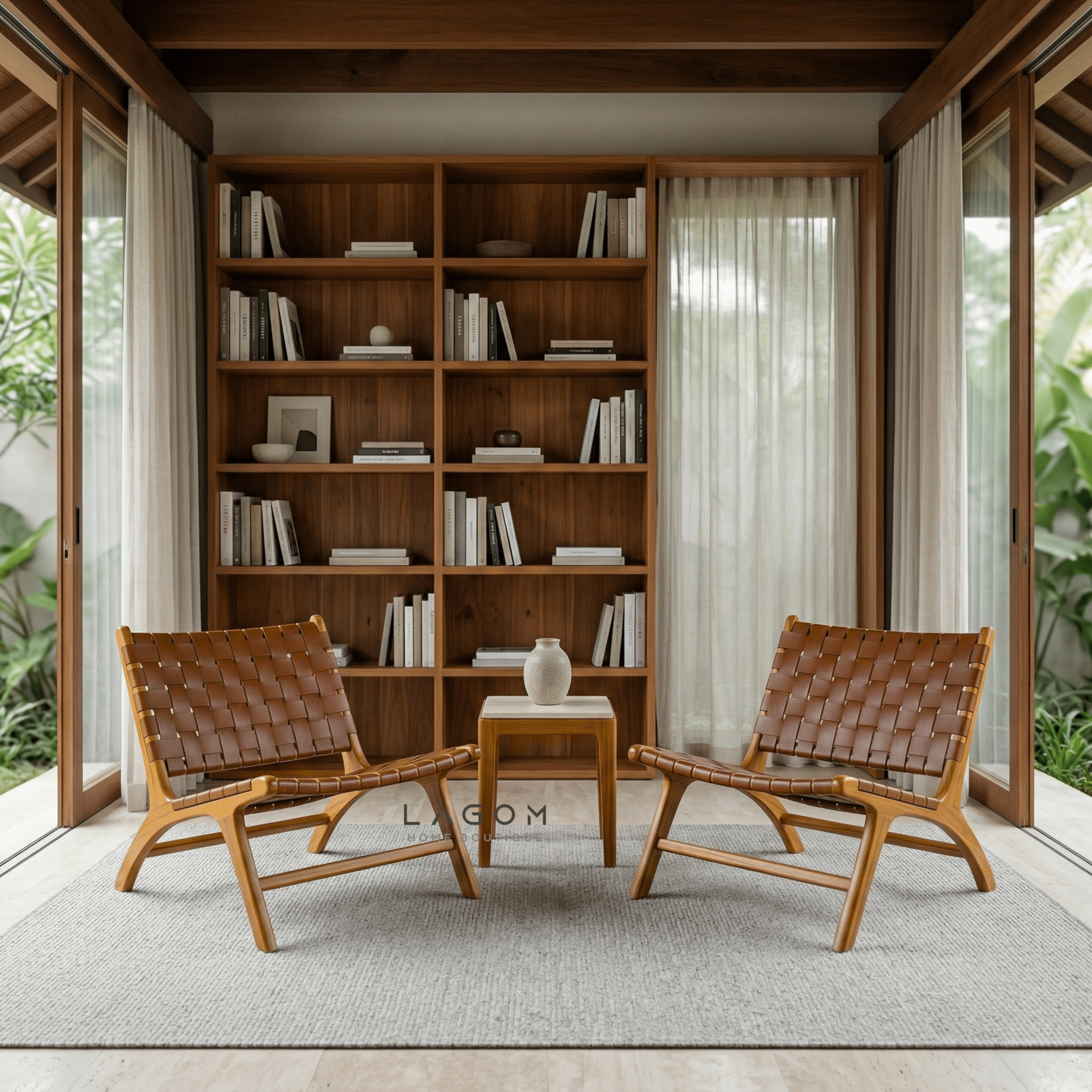 Solid Teak Lounge Chair with Handwoven Leather - Chair - Lagom Home Boutique