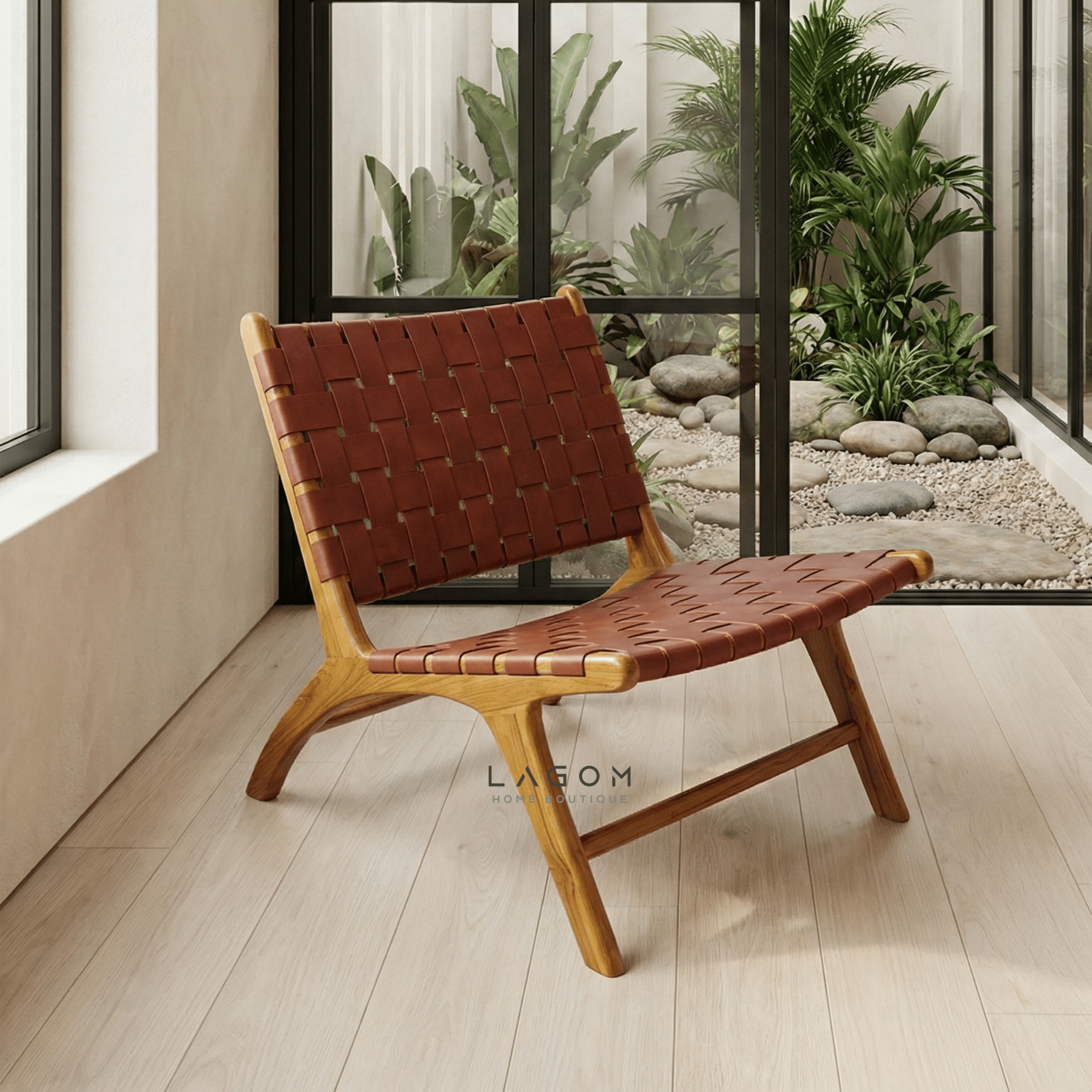 Solid Teak Lounge Chair with Handwoven Leather - Chair - Lagom Home Boutique