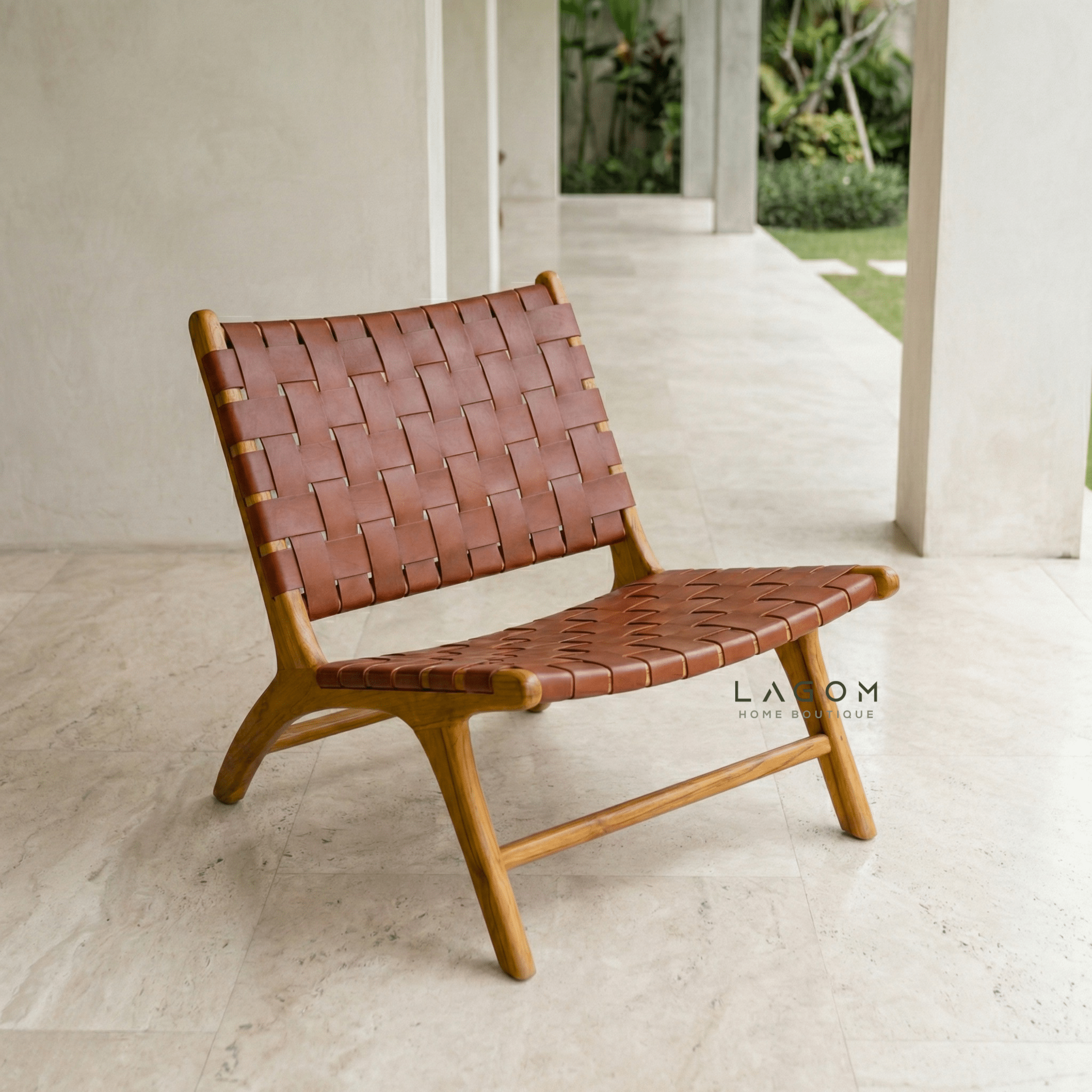 Solid Teak Lounge Chair with Handwoven Leather - Chair - Lagom Home Boutique