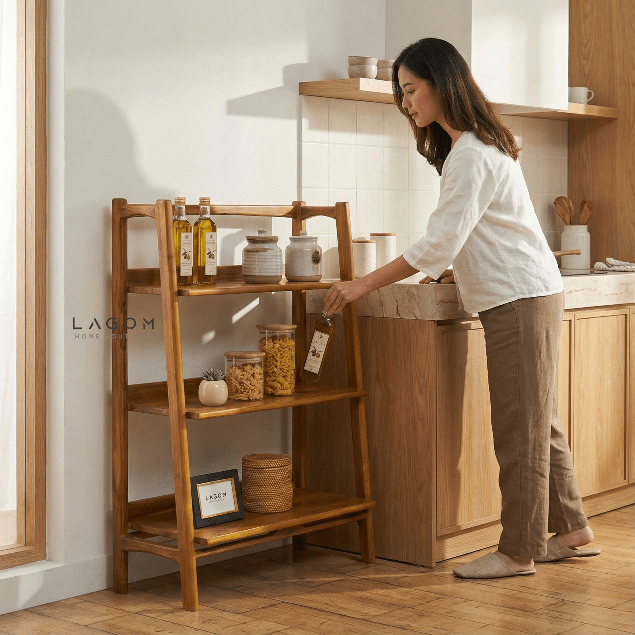 Solid Teak Open Shelf with 3 Tiers - Bookshelves - Lagom Home Boutique