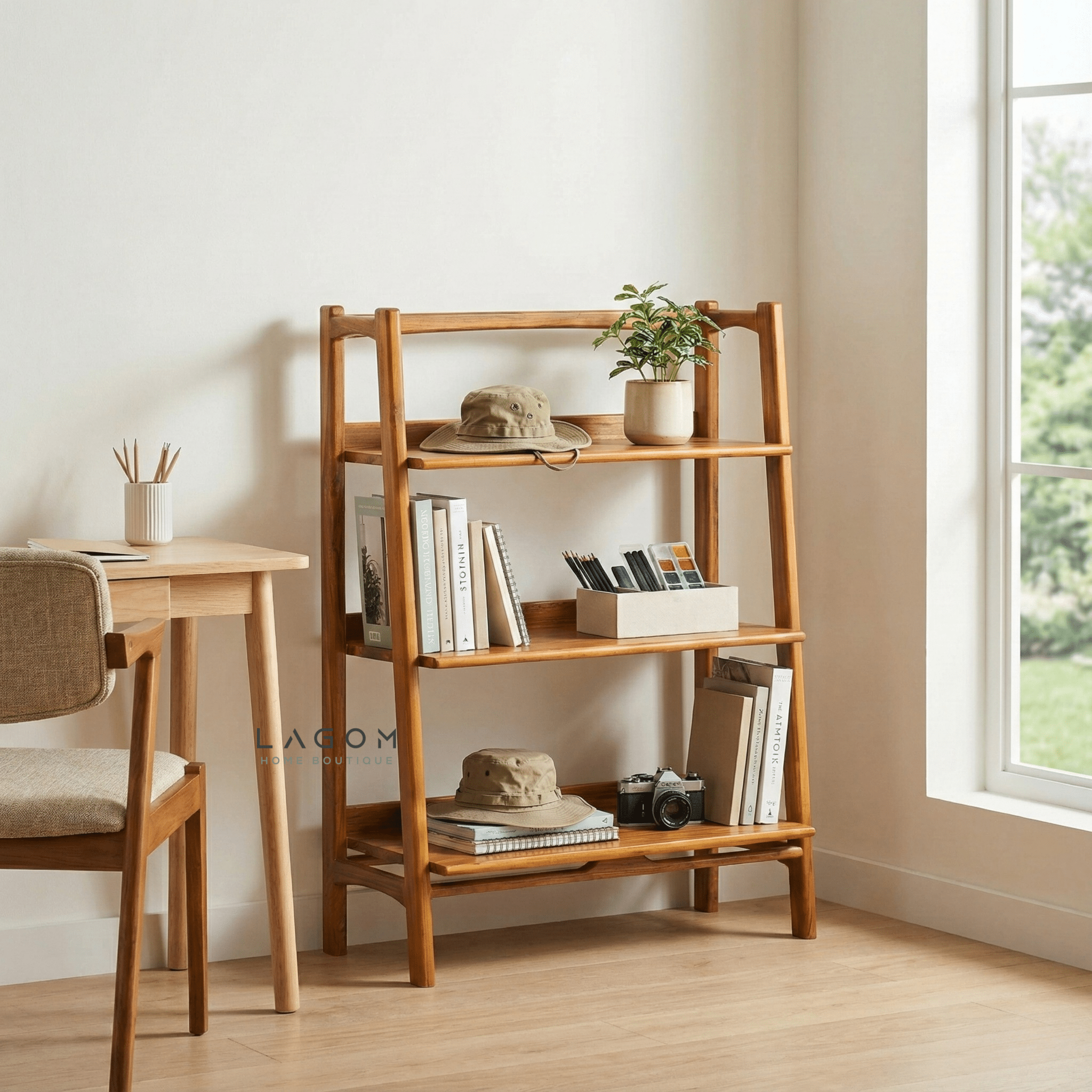 Solid Teak Open Shelf with 3 Tiers - Bookshelves - Lagom Home Boutique