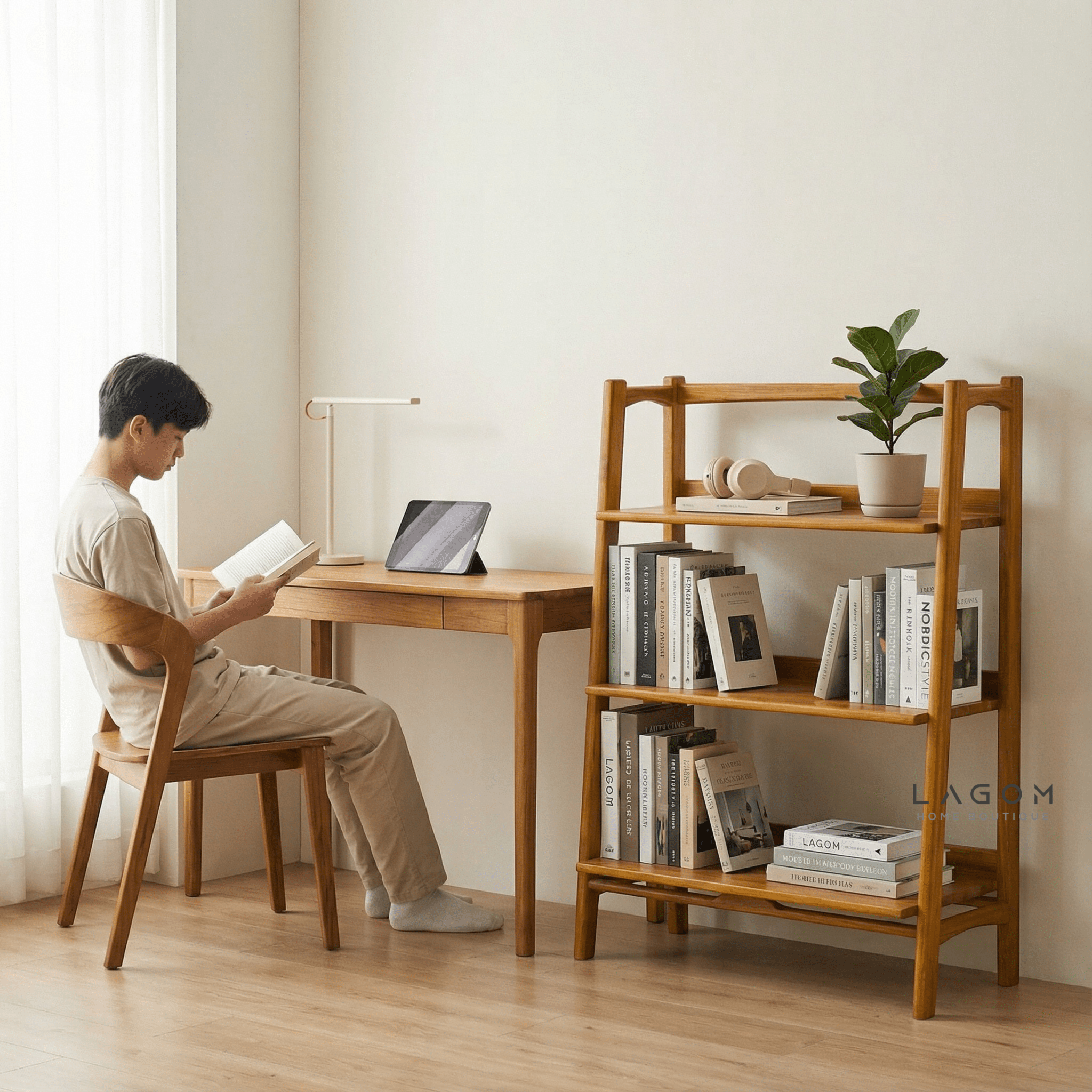 Solid Teak Open Shelf with 3 Tiers - Bookshelves - Lagom Home Boutique