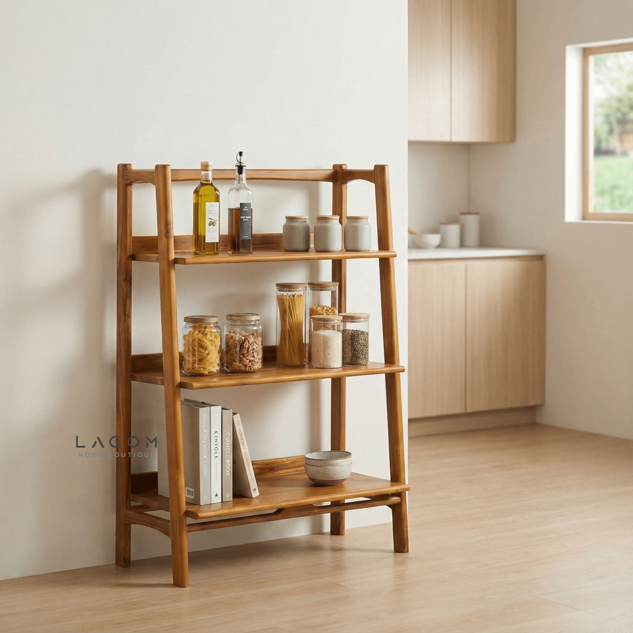 Solid Teak Open Shelf with 3 Tiers - Bookshelves - Lagom Home Boutique