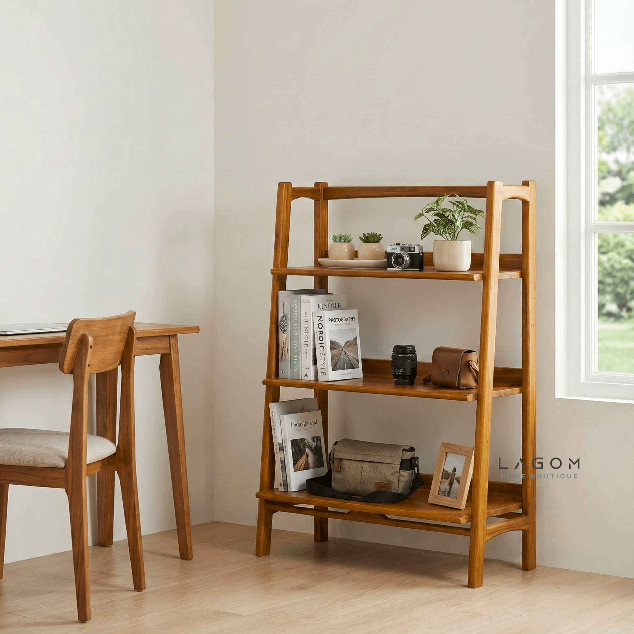Solid Teak Open Shelf with 3 Tiers - Bookshelves - Lagom Home Boutique
