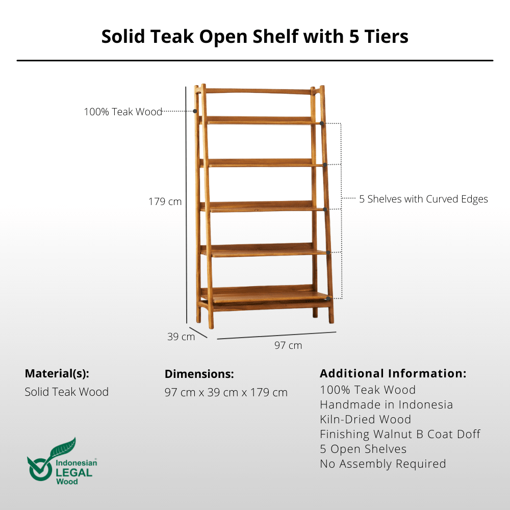 Solid Teak Open Shelf with 5 Tiers - Bookshelves - Lagom Home Boutique