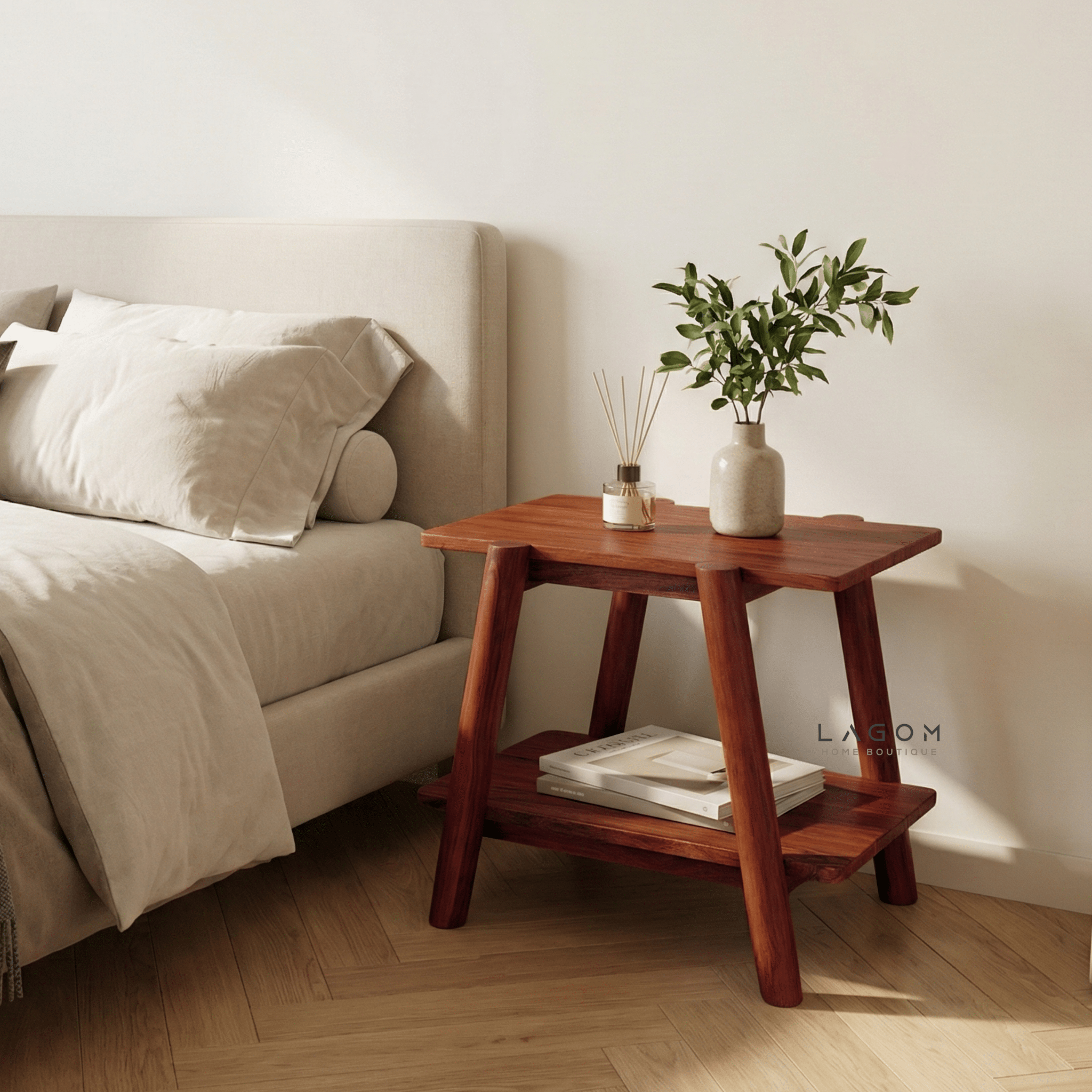 Solid Teak Side Table with Open Shelves - Side Table - Lagom Home Boutique