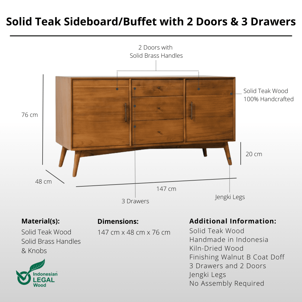 Solid Teak Sideboard / Buffet with 2 Doors & 3 Drawers - Buffet - Lagom Home Boutique