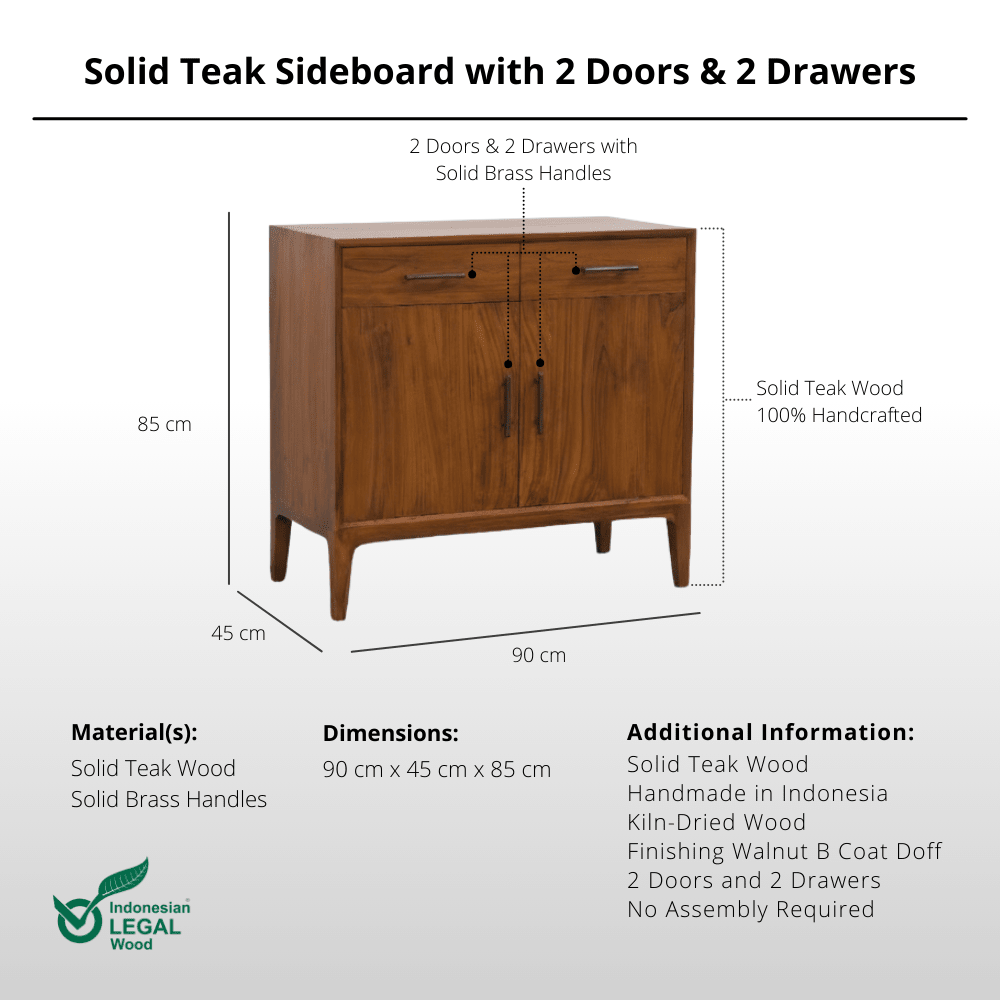 Solid Teak Sideboard / Storage Cabinet with 2 Doors & 2 Drawers - Buffet - Lagom Home Boutique