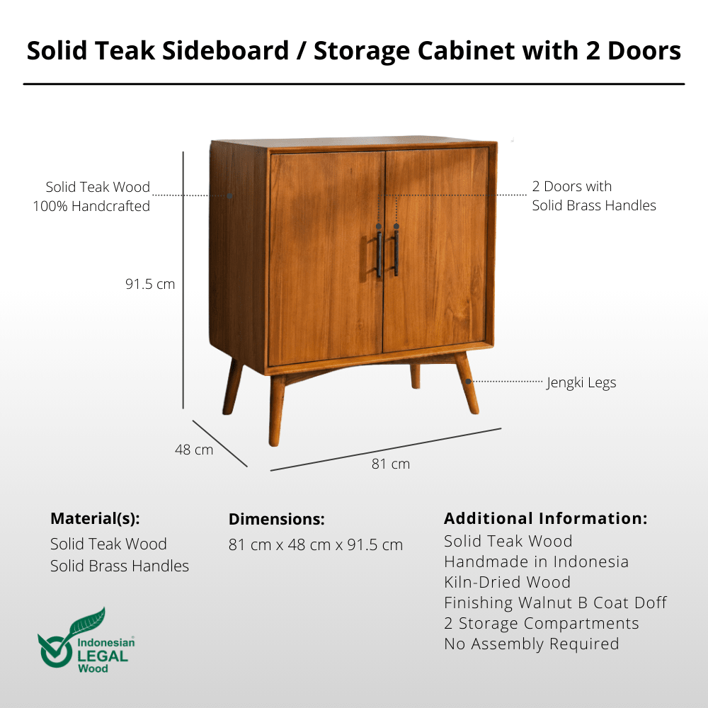 Solid Teak Sideboard / Storage Cabinet with 2 Doors - Buffet - Lagom Home Boutique