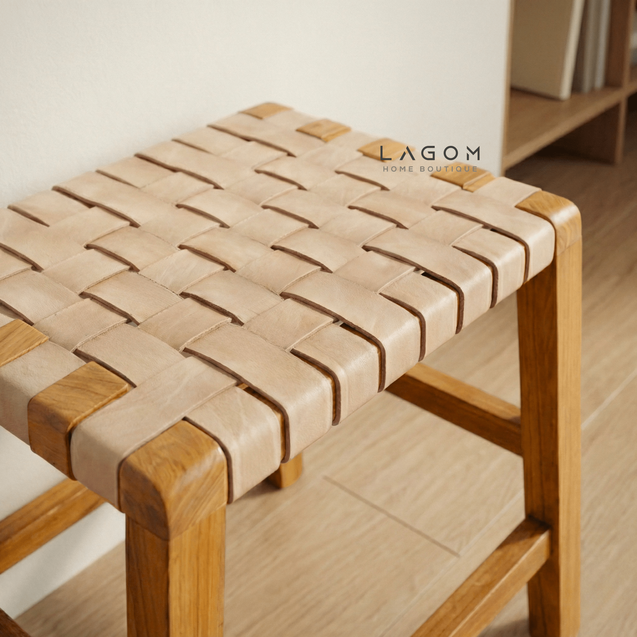 Solid Teak Stool with Handwoven Leather Seat - Stool - Lagom Home Boutique