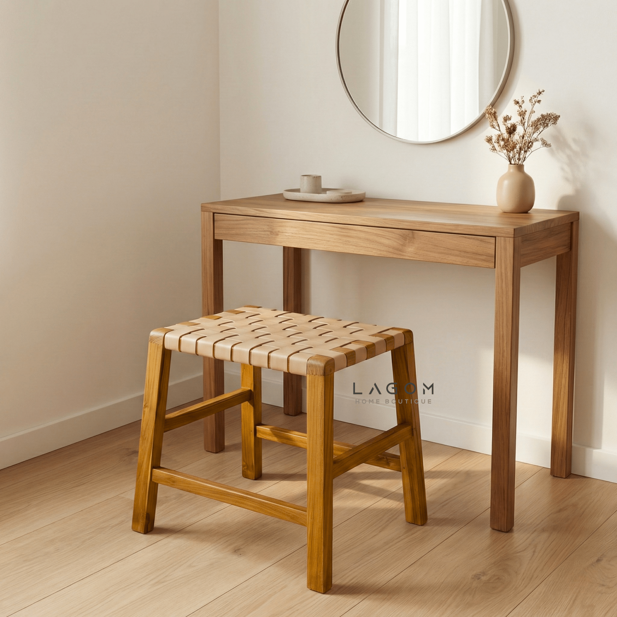 Solid Teak Stool with Handwoven Leather Seat - Stool - Lagom Home Boutique
