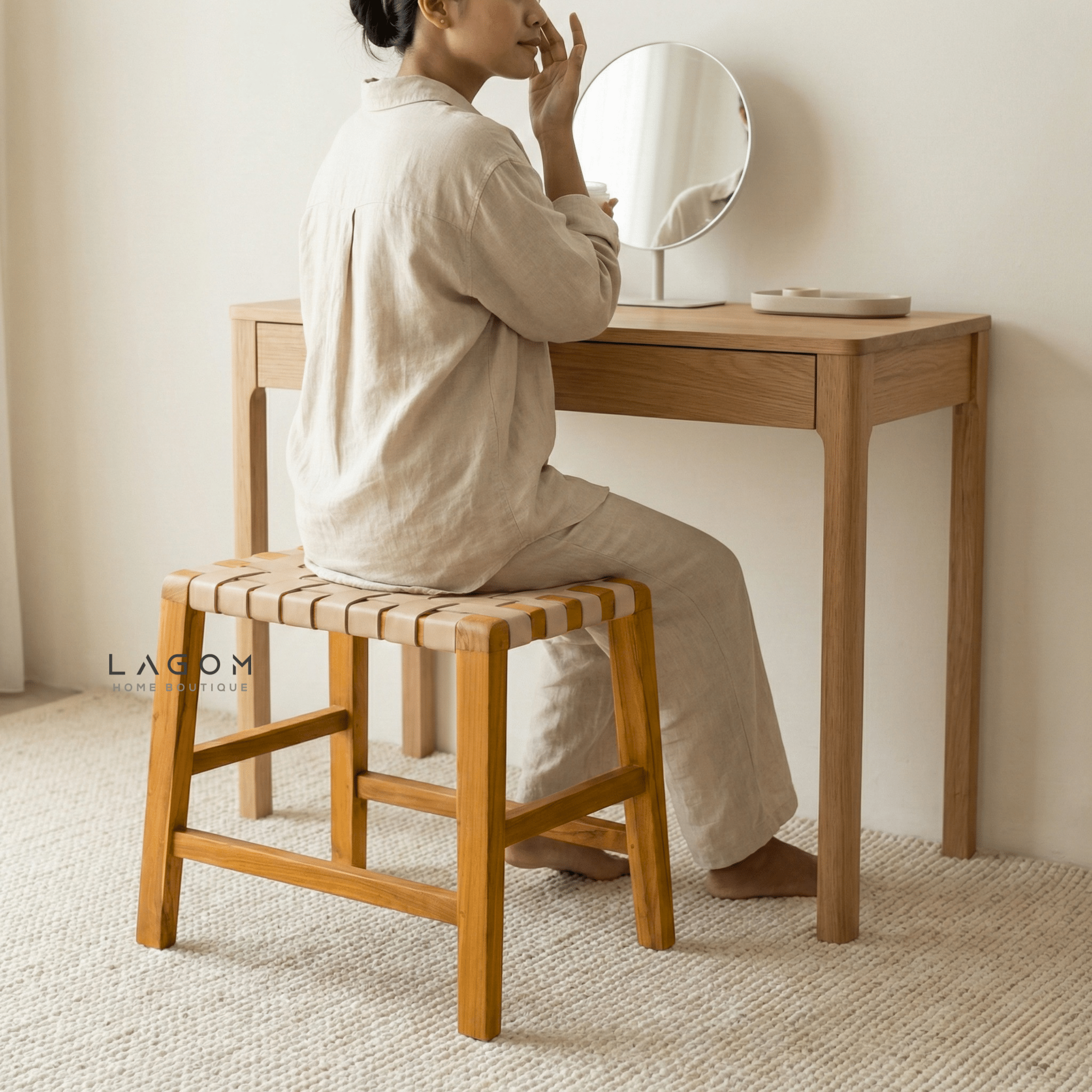 Solid Teak Stool with Handwoven Leather Seat - Stool - Lagom Home Boutique