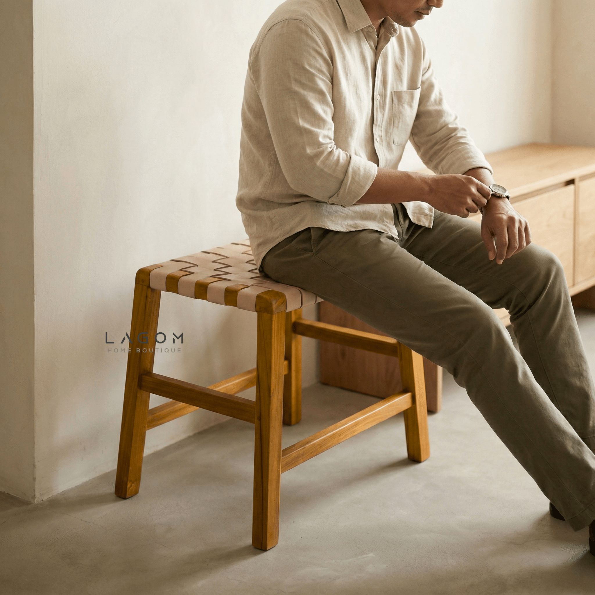 Solid Teak Stool with Handwoven Leather Seat - Stool - Lagom Home Boutique