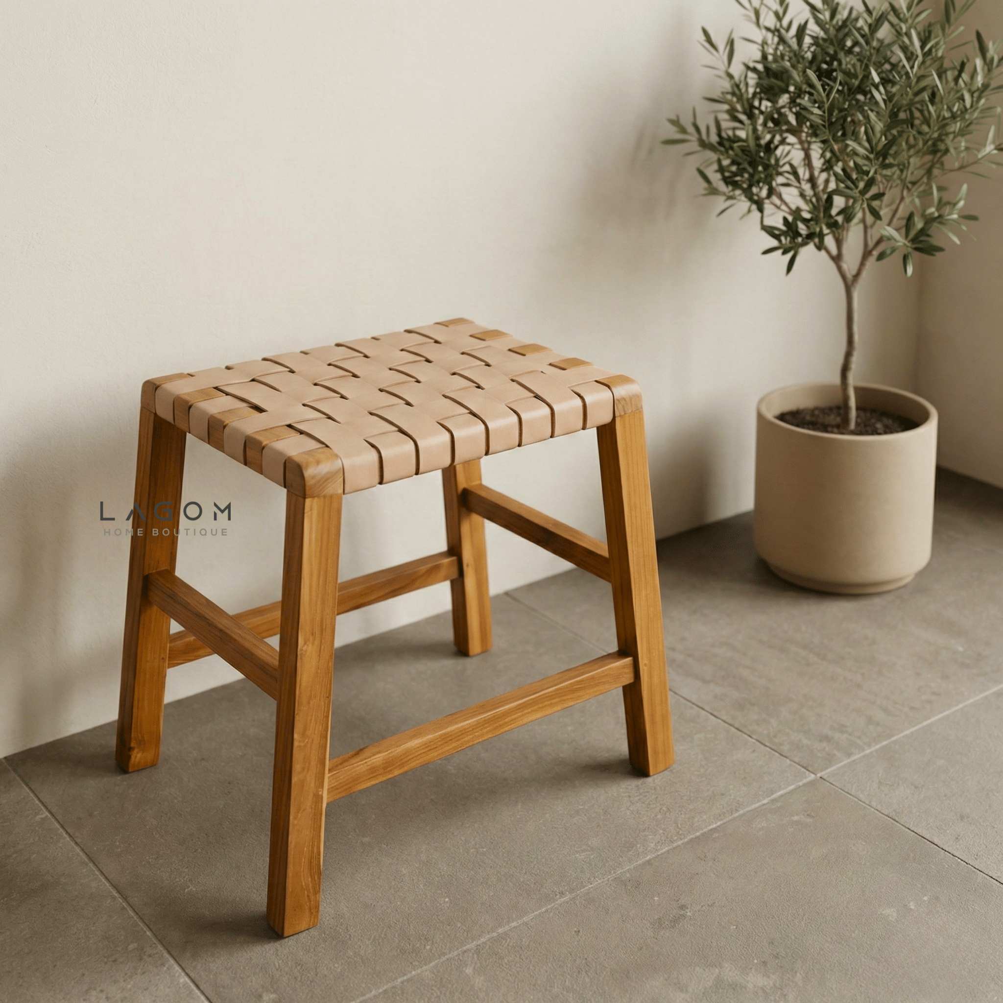 Solid Teak Stool with Handwoven Leather Seat - Stool - Lagom Home Boutique