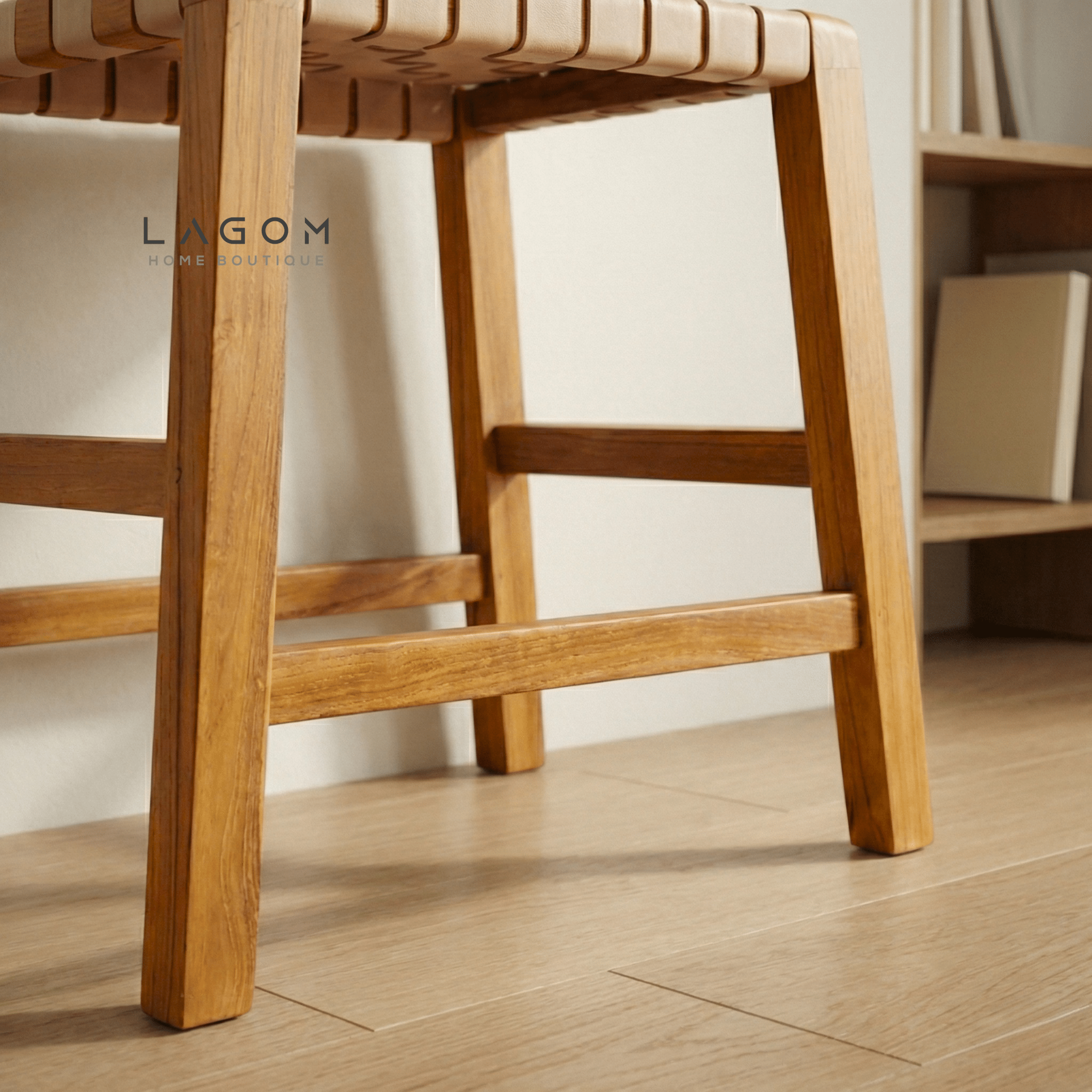 Solid Teak Stool with Handwoven Leather Seat - Stool - Lagom Home Boutique