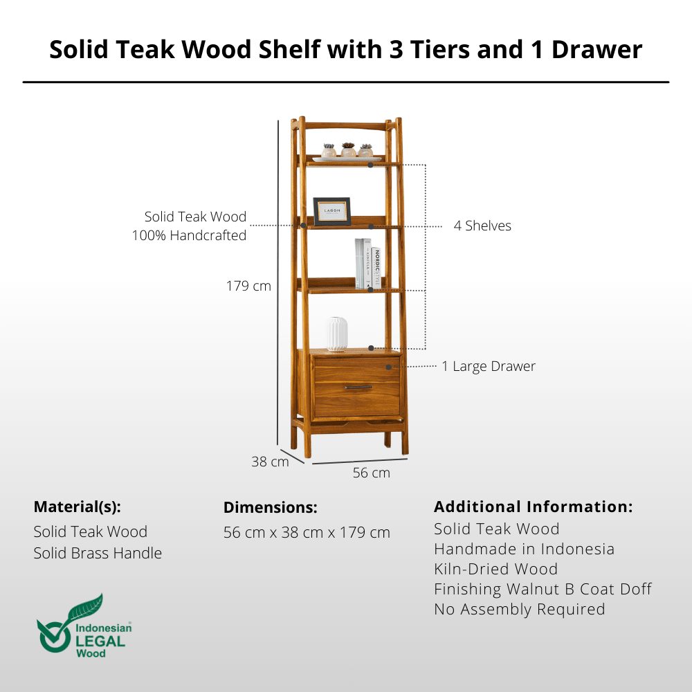 Solid Teak Wood Shelf with 3 Tiers and 1 Drawer - Bookshelves - Lagom Home Boutique