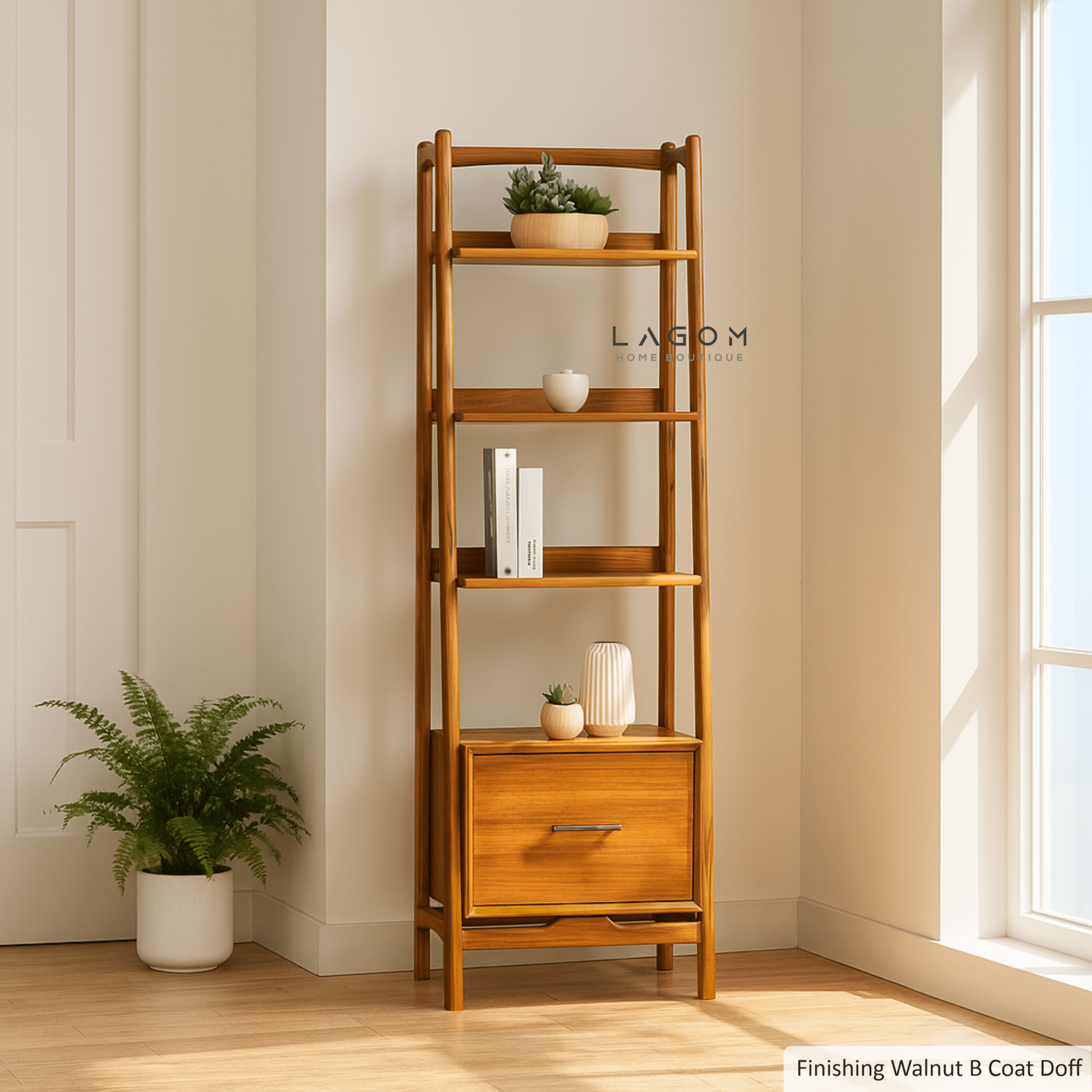 Solid Teak Wood Shelf with 3 Tiers and 1 Drawer - Bookshelves - Lagom Home Boutique