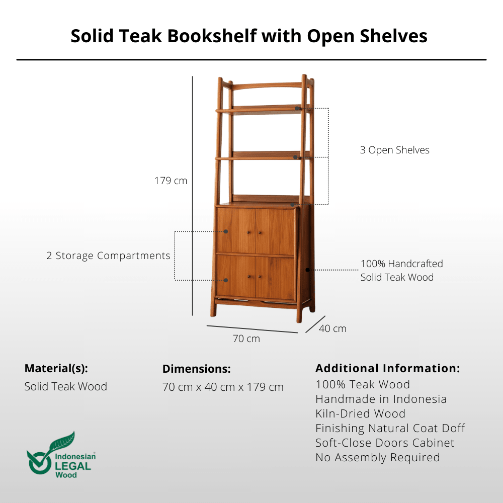 Teak Bookshelf with 2 Storage Compartments and Open Shelves - Bookshelves - Lagom Home Boutique