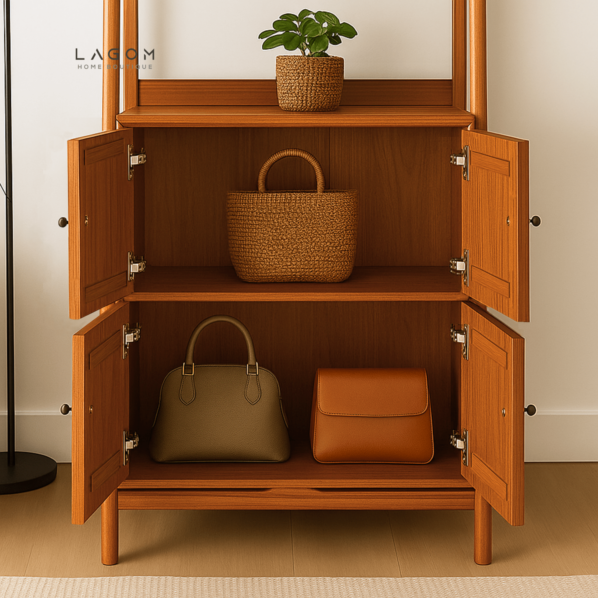 Teak Bookshelf with 2 Storage Compartments and Open Shelves - Bookshelves - Lagom Home Boutique