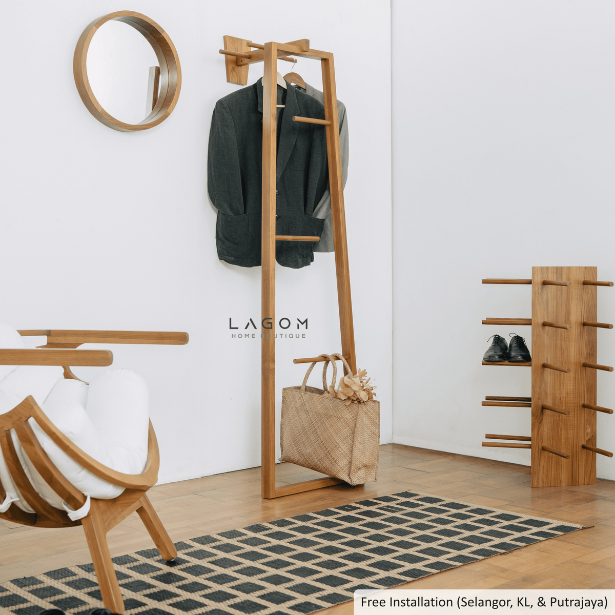 Teak Coat Stand with Accessories Hanger-Standing Coat Hanger-Lagom Home Boutique