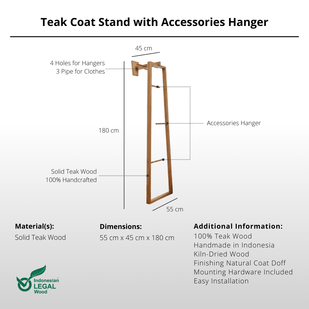 Teak Coat Stand with Accessories Hanger - Standing Coat Hanger - Lagom Home Boutique